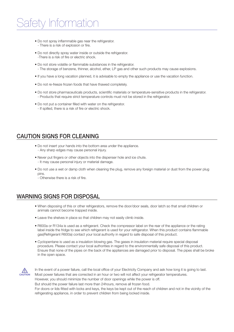 Safety information, Caution signs for cleaning, Warning signs for disposal | Samsung RM257ACRS-XAA User Manual | Page 5 / 10