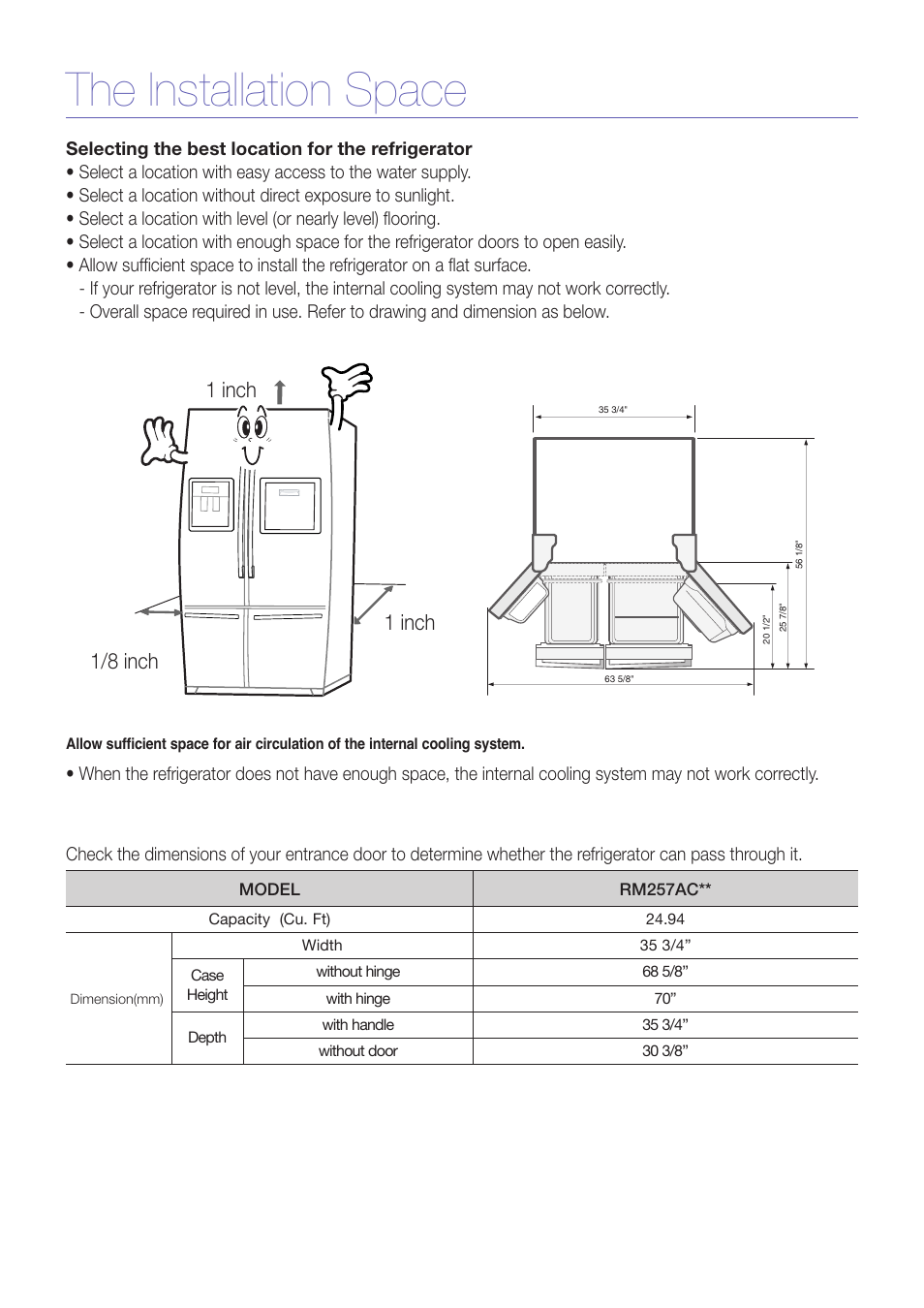 The installation space, 1 inch 1/8 inch 1 inch | Samsung RM257ACRS-XAA User Manual | Page 6 / 10