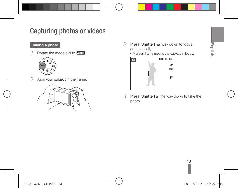 Capturing photos or videos | Samsung EC-PL100ZBPBCA User Manual | Page 13 / 40