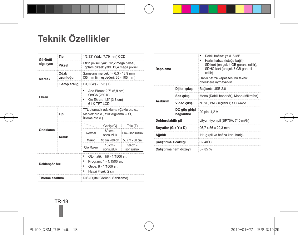 Teknik özellikler, Tr-18 | Samsung EC-PL100ZBPBCA User Manual | Page 36 / 40