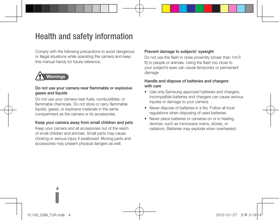 Health and safety information | Samsung EC-PL100ZBPBCA User Manual | Page 4 / 40