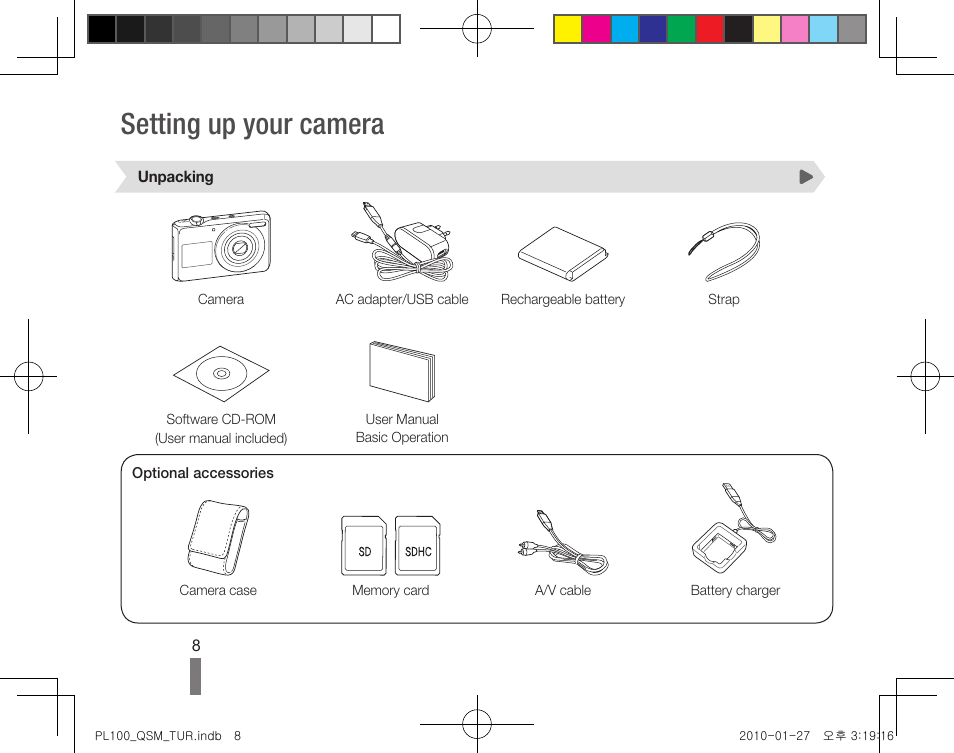 Setting up your camera | Samsung EC-PL100ZBPBCA User Manual | Page 8 / 40