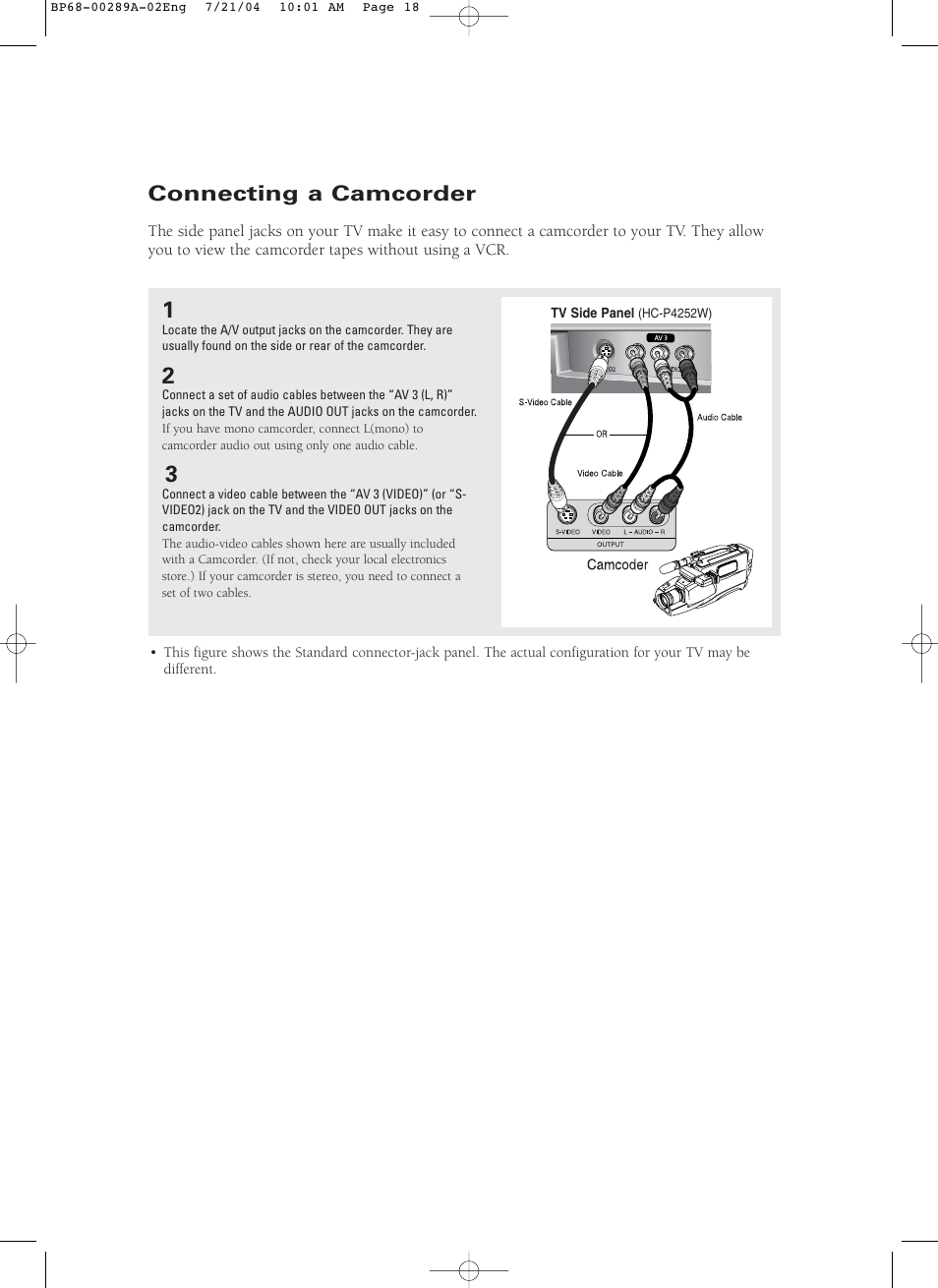 Connecting a camcorder | Samsung HCP4252WX-XAC User Manual | Page 6 / 6