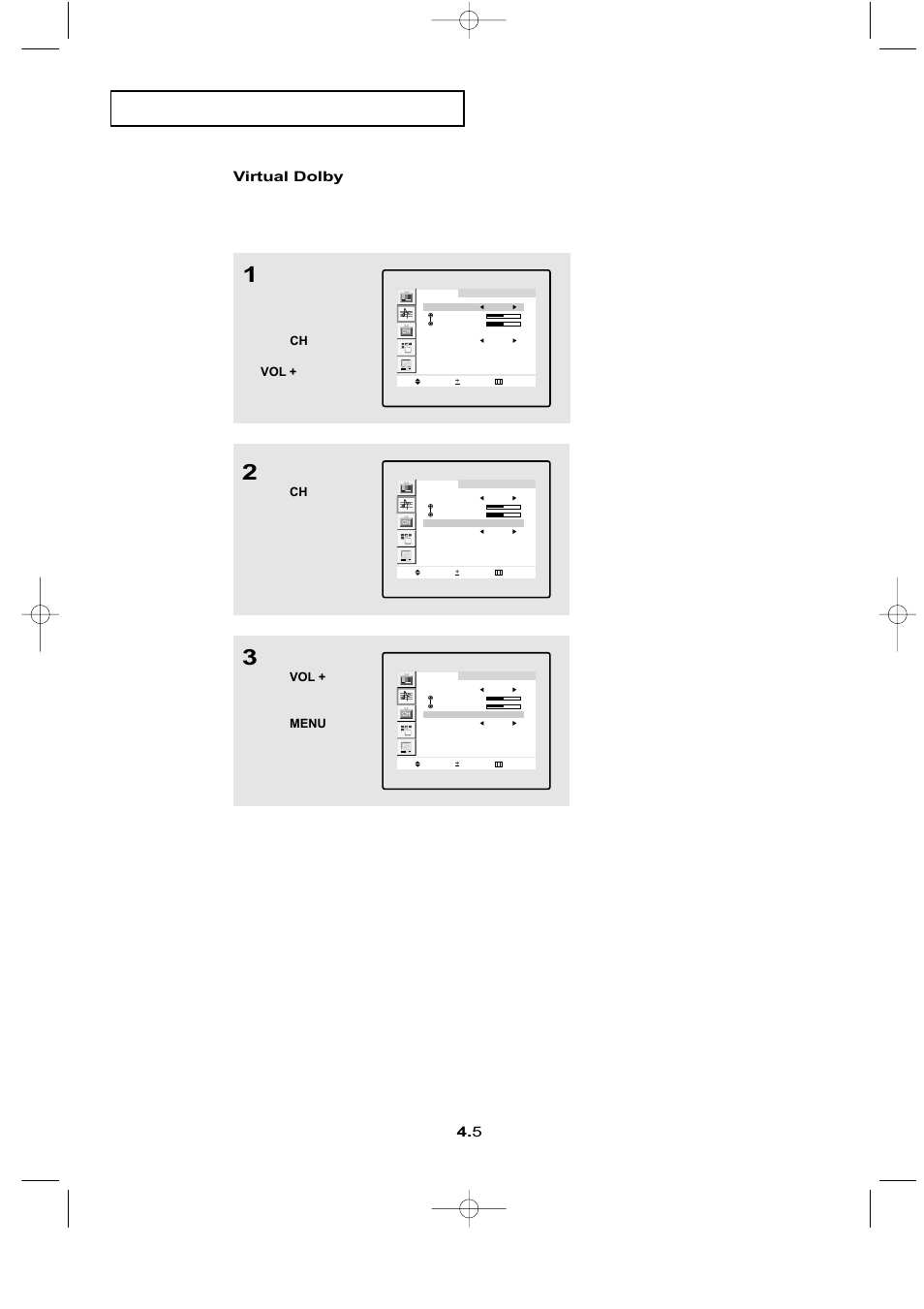 Press the ch ▼ button to select “virtual dolby | Samsung LTN1565X-XAC User Manual | Page 35 / 60