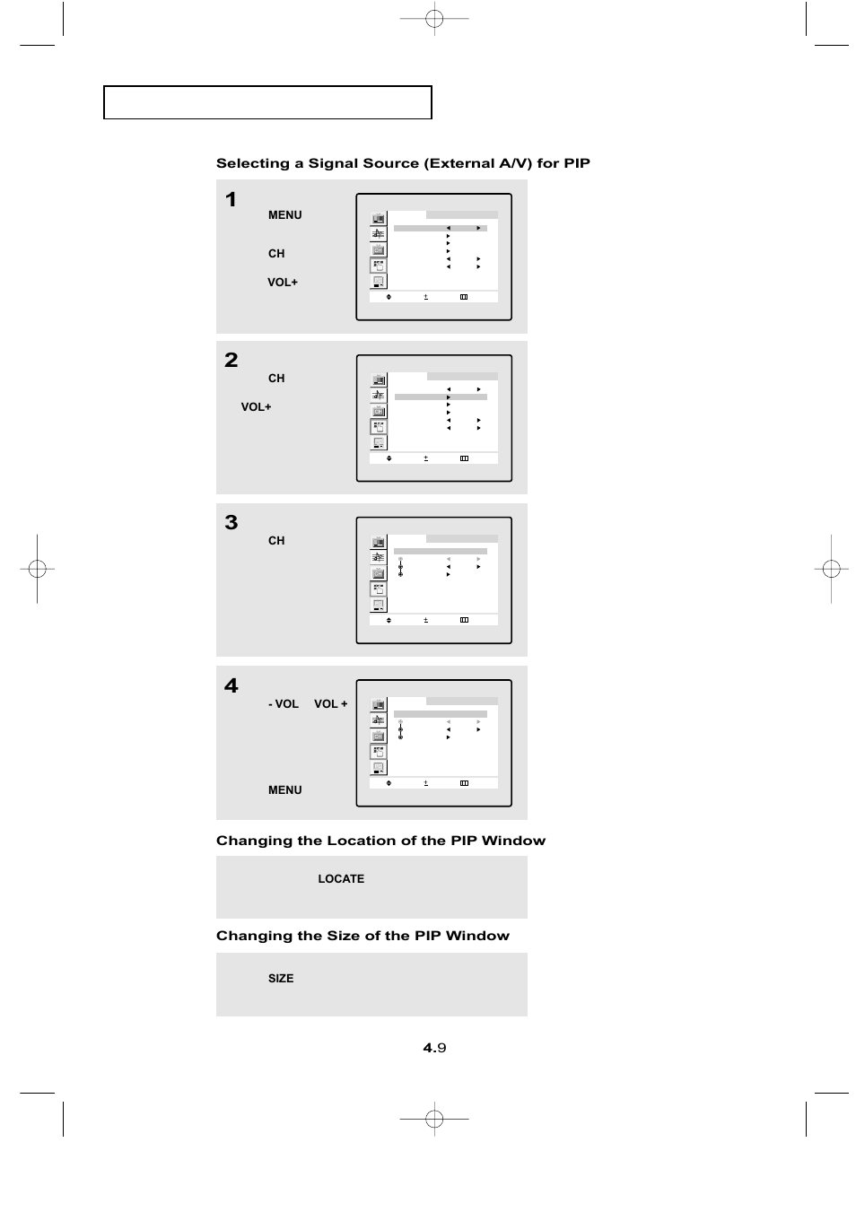 Changing the location of the pip window, Changing the size of the pip window, Selecting a signal source (external a/v) for pip | Press the ch ▼ button to select “tv/video | Samsung LTN1565X-XAC User Manual | Page 39 / 60