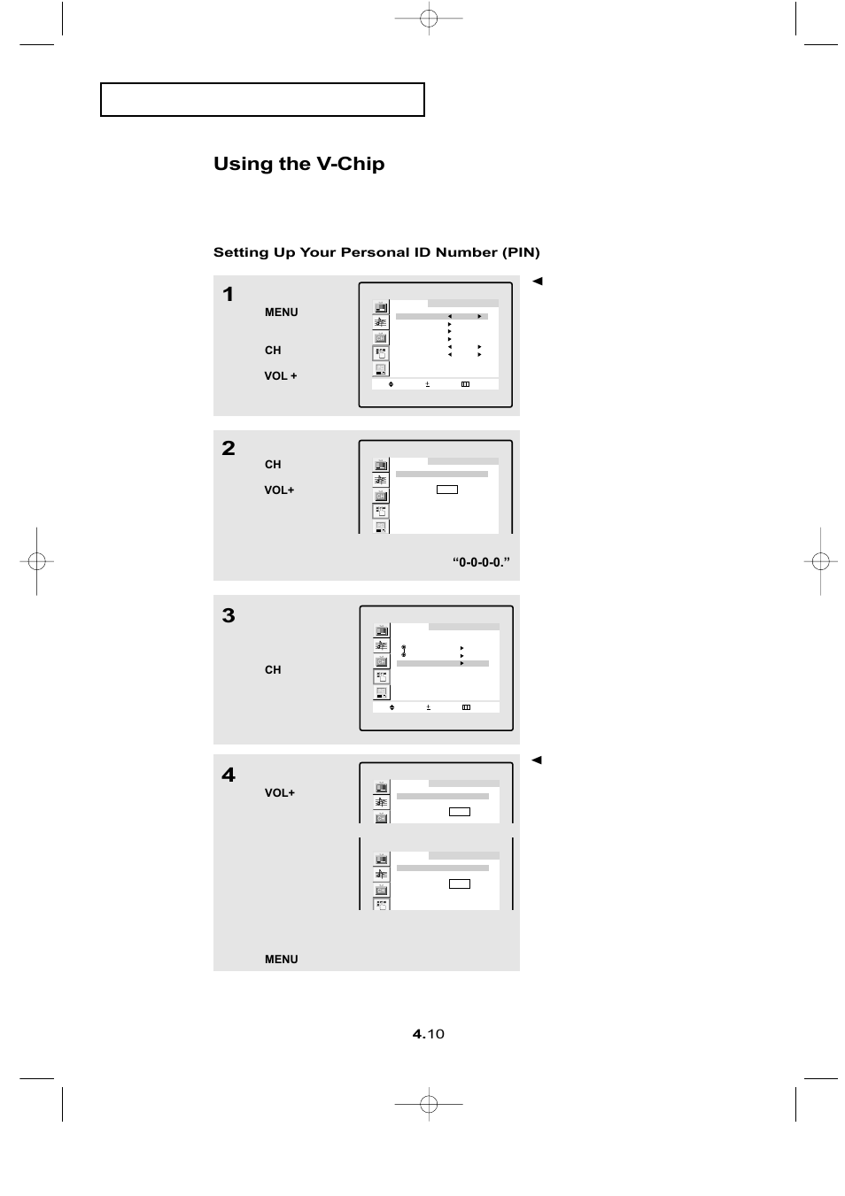 Using the v-chip, Setting up your personal id number (pin) | Samsung LTN1565X-XAC User Manual | Page 40 / 60