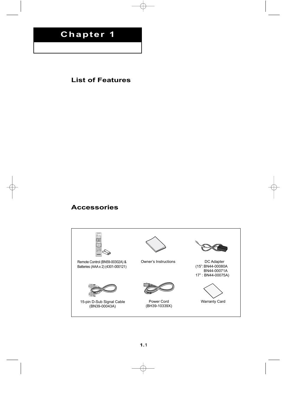List of features, Accessories | Samsung LTN1565X-XAC User Manual | Page 7 / 60