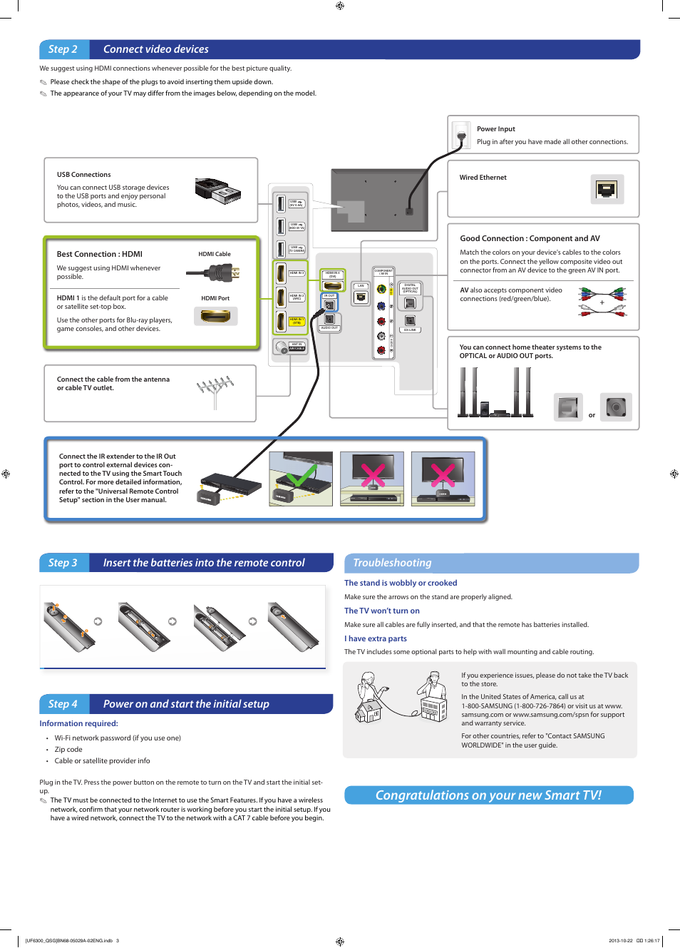 Step 2 connect video devices, Troubleshooting, Step 4 power on and start the initial setup | Samsung UN60F6300AFXZA User Manual | Page 2 / 2