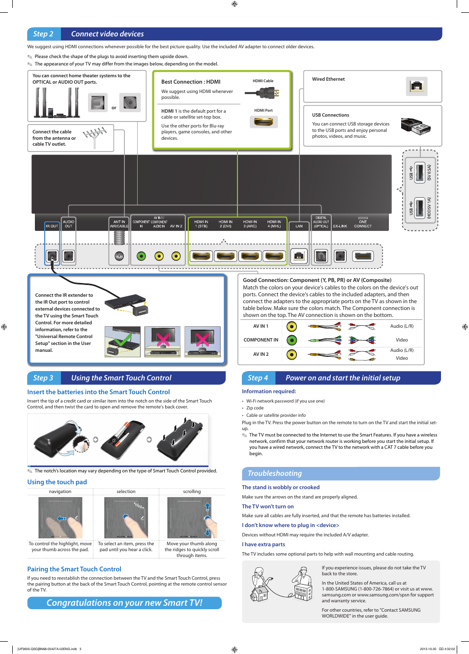 Step 2 connect video devices, Step 3 using the smart touch control, Step 4 power on and start the initial setup | Troubleshooting | Samsung UN55F9000AFXZA User Manual | Page 2 / 2