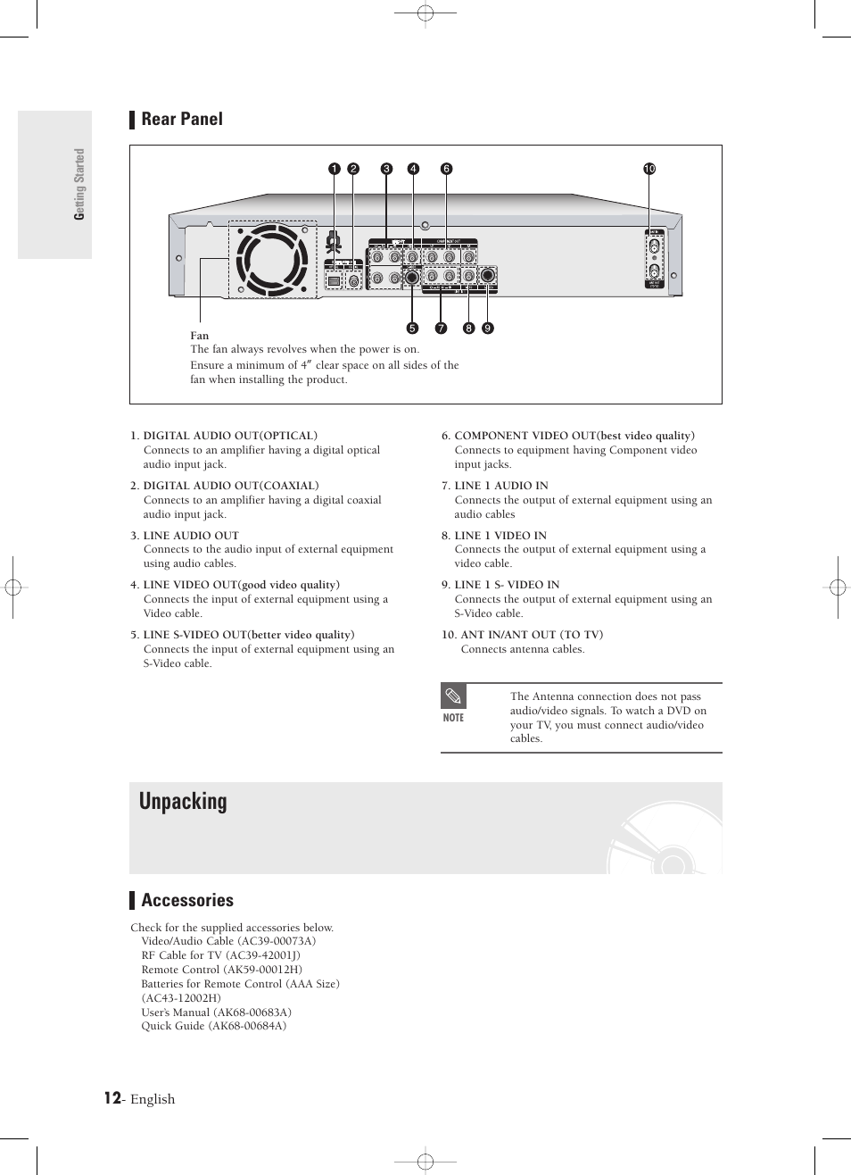 Rear panel, Unpacking, Accessories | Samsung DVD-R120-XAX User Manual | Page 12 / 98