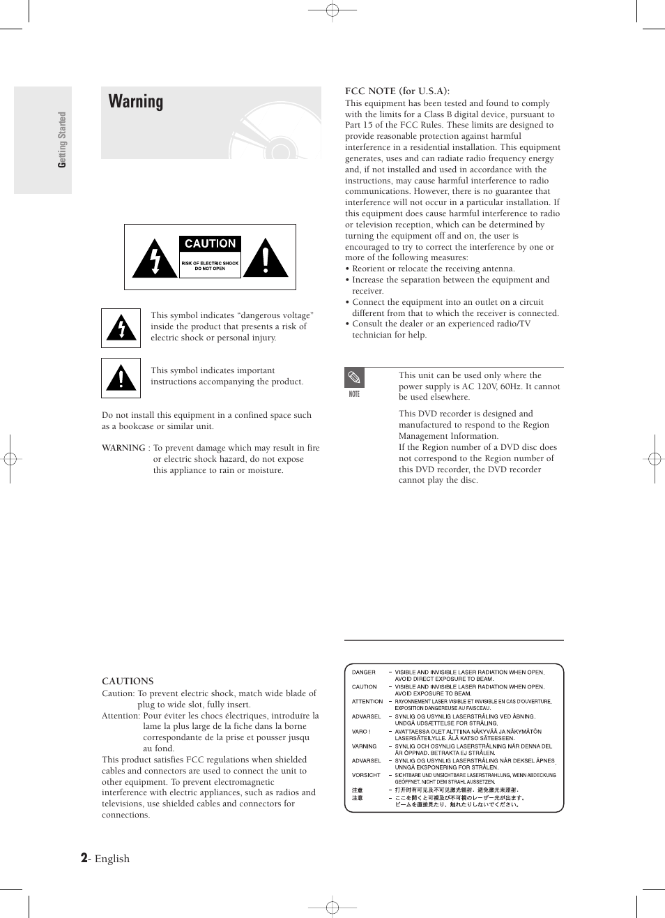 Getting started, Warning | Samsung DVD-R120-XAX User Manual | Page 2 / 98