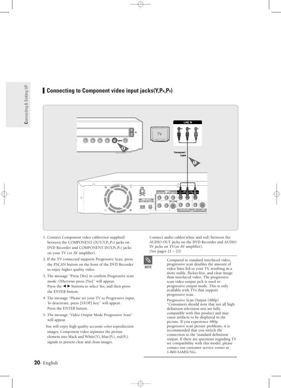 Connecting to component video input jacks(y,pb,pr), Connecting to component video input jacks(y,p, English | Samsung DVD-R120-XAX User Manual | Page 20 / 98