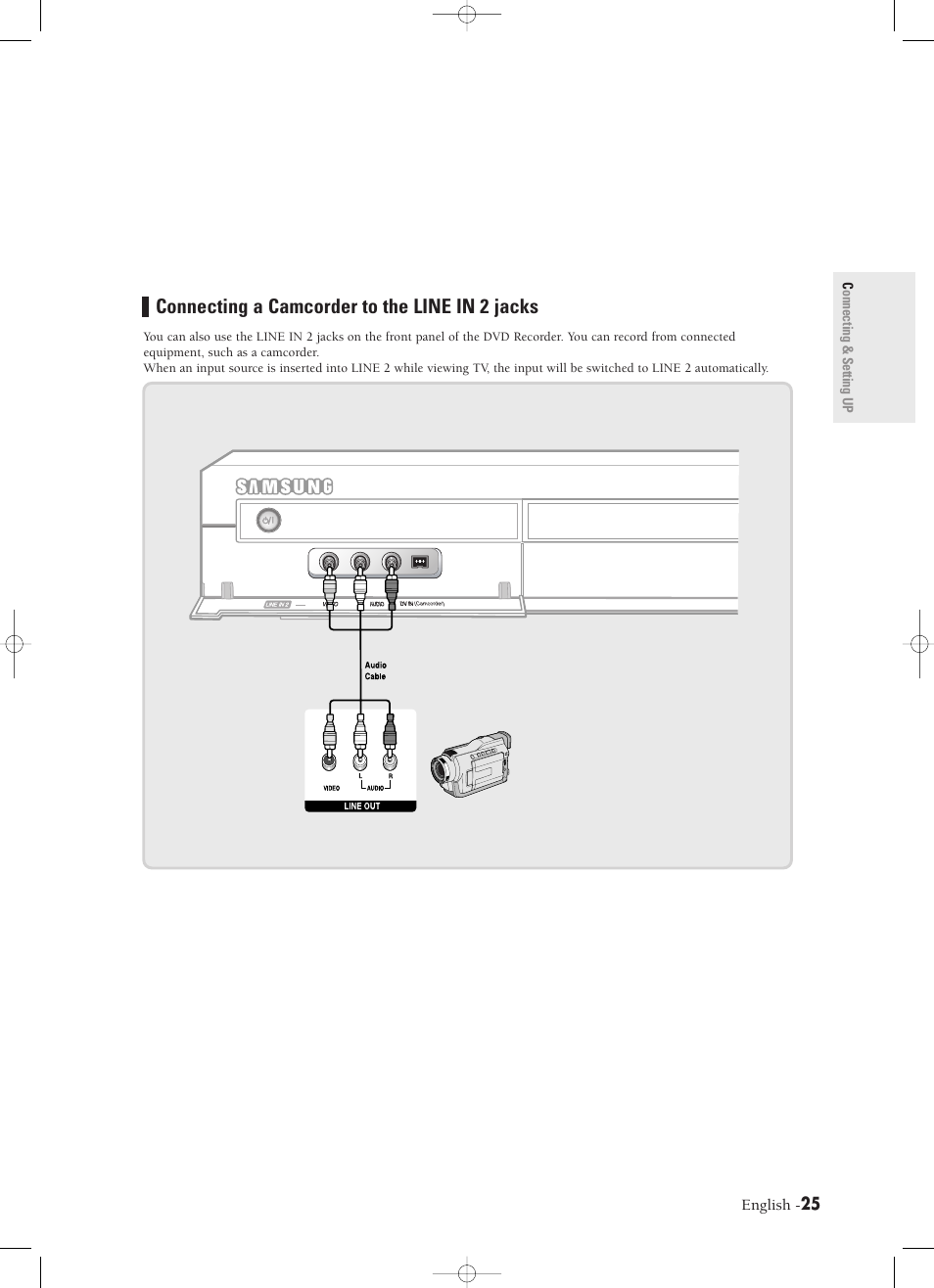 Connecting a camcorder to the line in 2 jacks | Samsung DVD-R120-XAX User Manual | Page 25 / 98