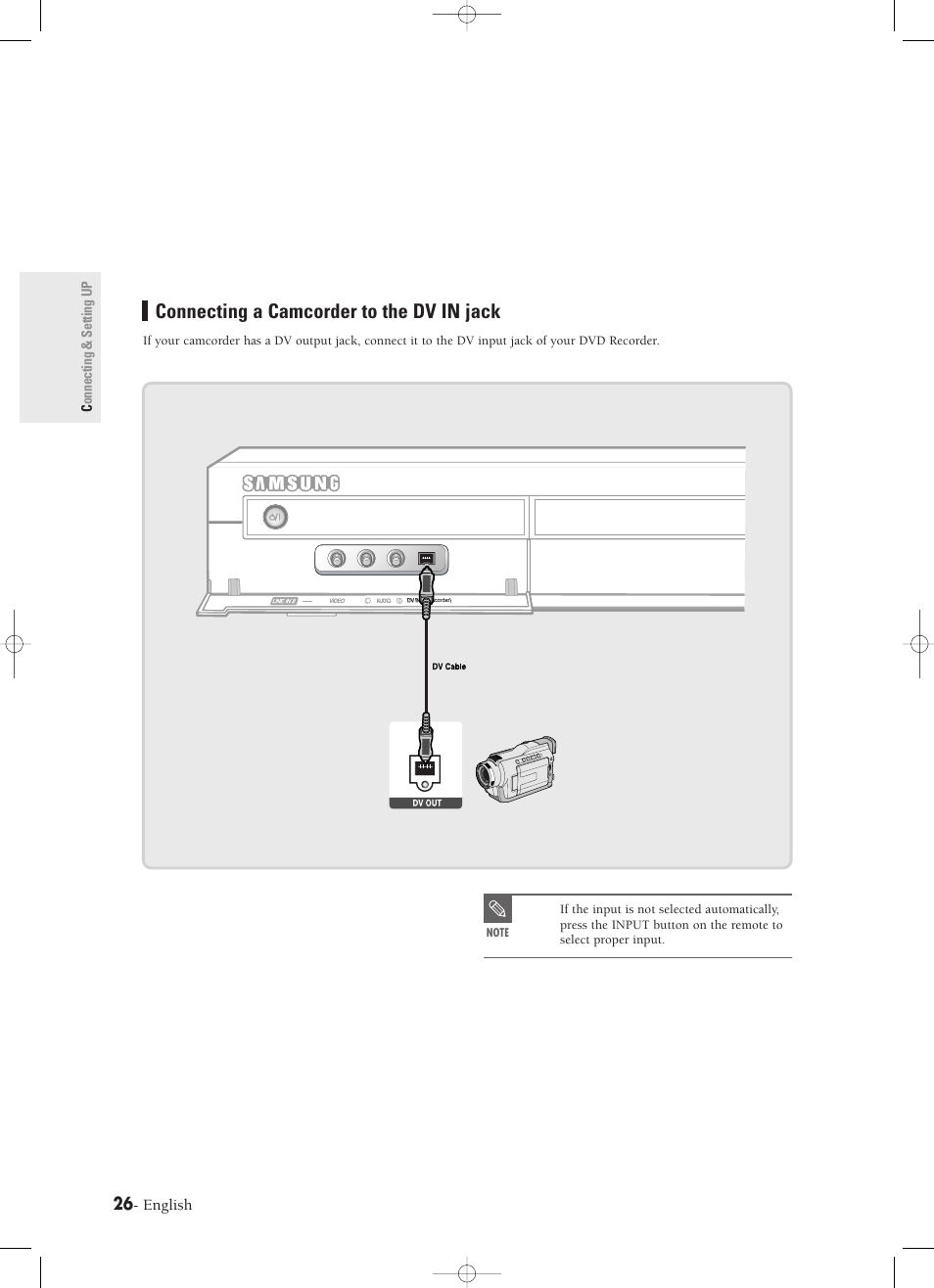 Connecting a camcorder to the dv in jack | Samsung DVD-R120-XAX User Manual | Page 26 / 98