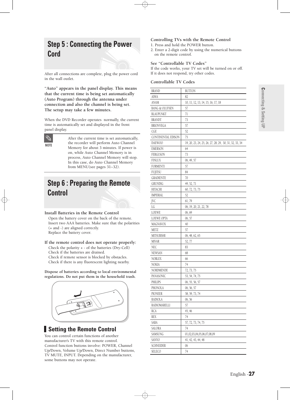 Step 5 : connecting the power cord, Step 6 : preparing the remote control, Setting the remote control | Samsung DVD-R120-XAX User Manual | Page 27 / 98