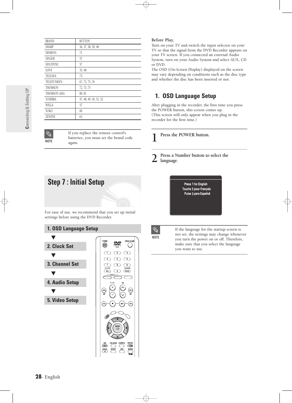 Step 7 : initial setup, Osd language setup, Press the power button | Press a number button to select the language, English | Samsung DVD-R120-XAX User Manual | Page 28 / 98