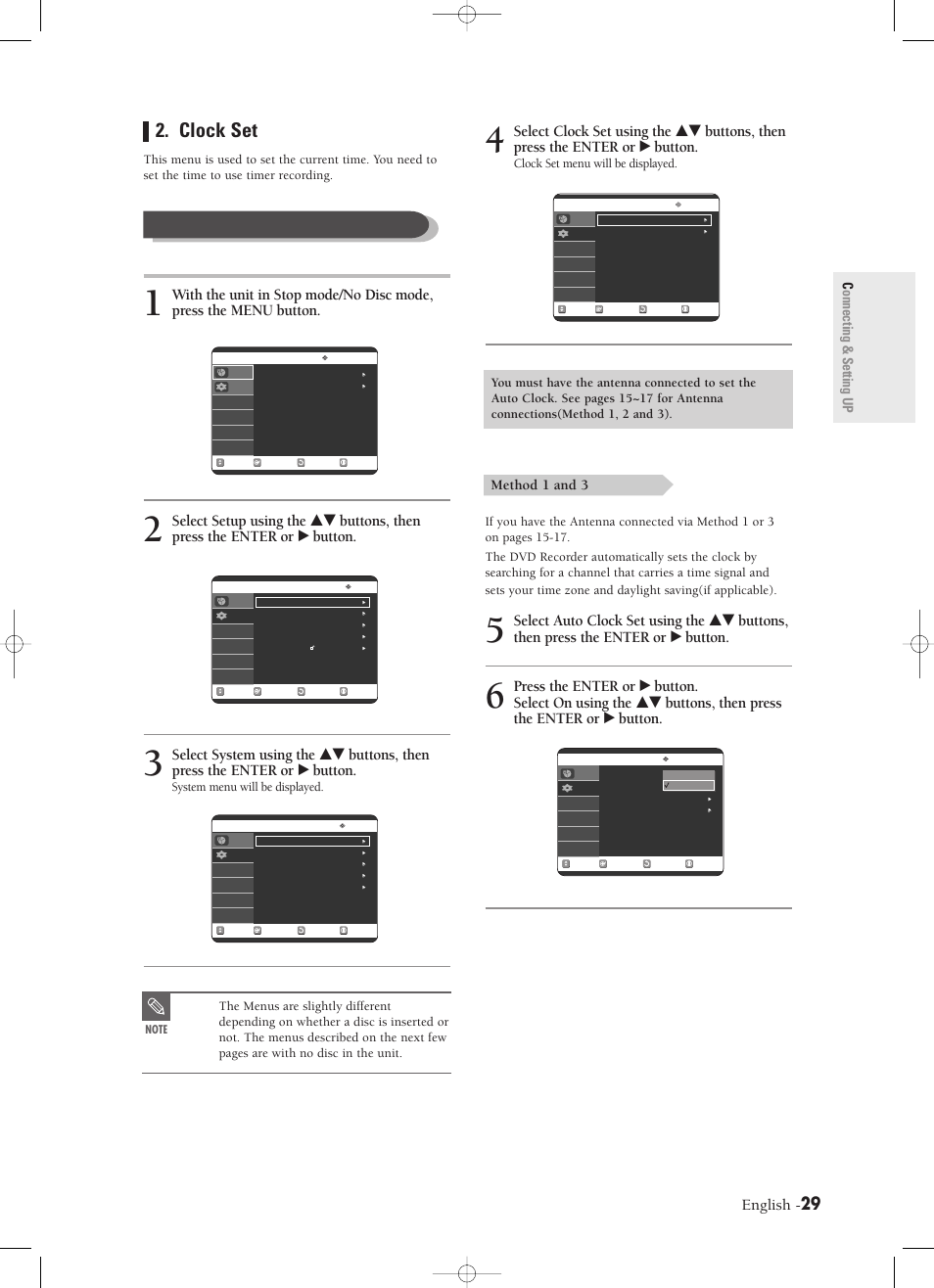 Clock set, Auto clock set, English | Connecting & setting up, Method 1 and 3, System menu will be displayed | Samsung DVD-R120-XAX User Manual | Page 29 / 98