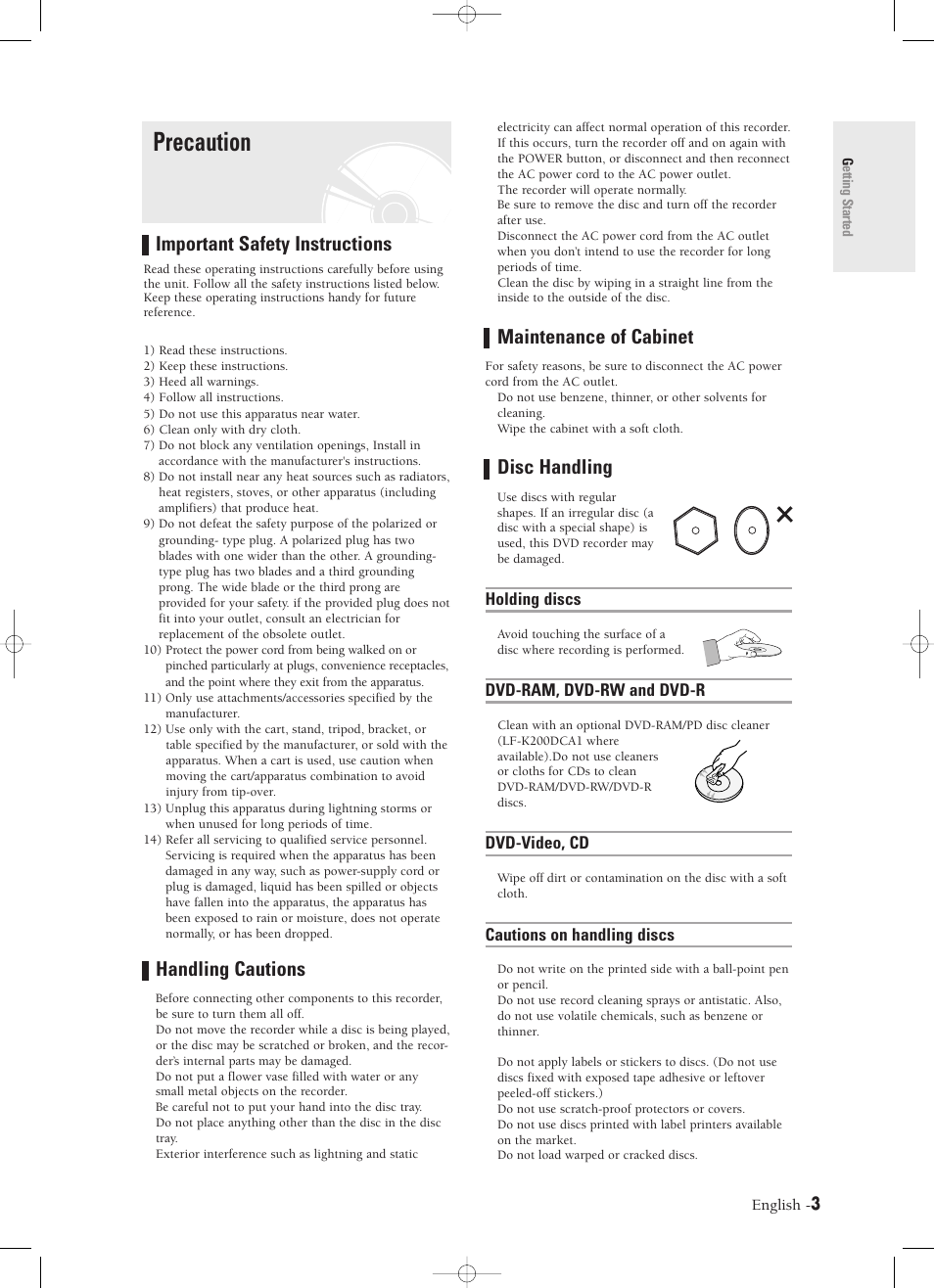 Precaution, Important safety instructions, Handling cautions | Maintenance of cabinet, Disc handling, Holding discs, Dvd-ram, dvd-rw and dvd-r, Dvd-video, cd, Cautions on handling discs, English | Samsung DVD-R120-XAX User Manual | Page 3 / 98