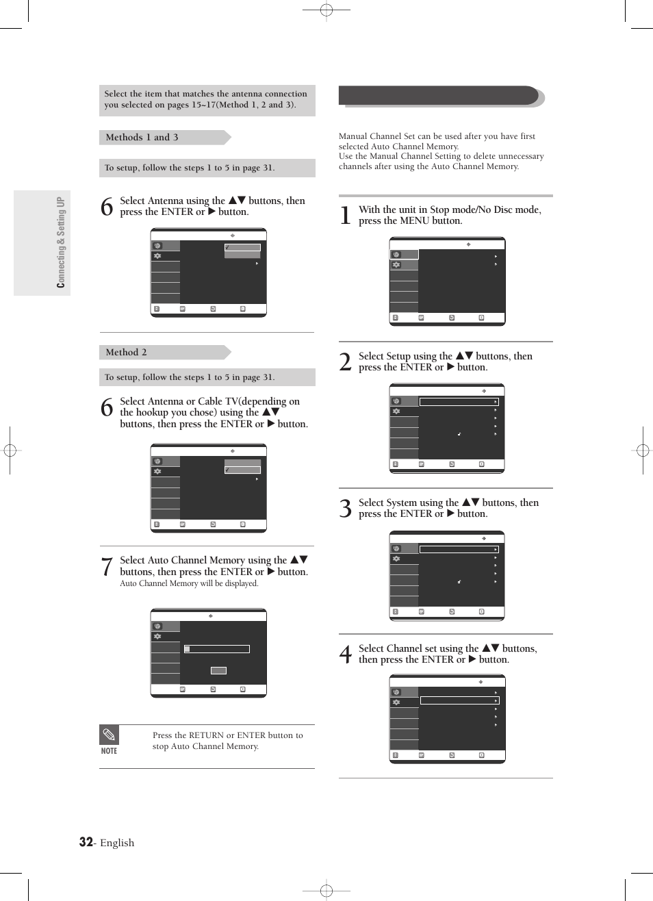 Manual channel set, English, Methods 1 and 3 method 2 | Connecting & setting up | Samsung DVD-R120-XAX User Manual | Page 32 / 98