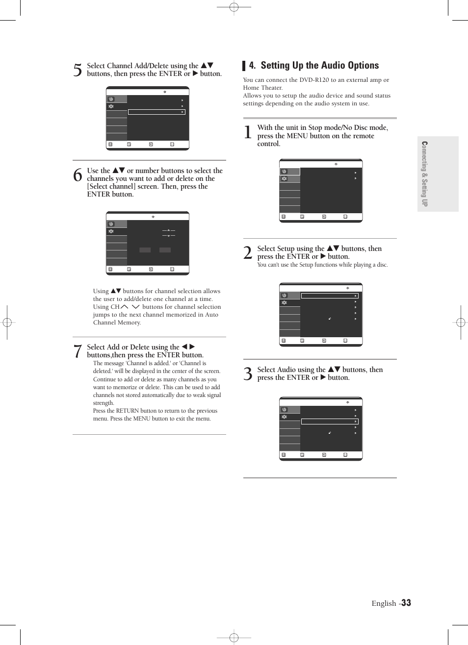 Setting up the audio options, English, Connecting & setting up | Samsung DVD-R120-XAX User Manual | Page 33 / 98