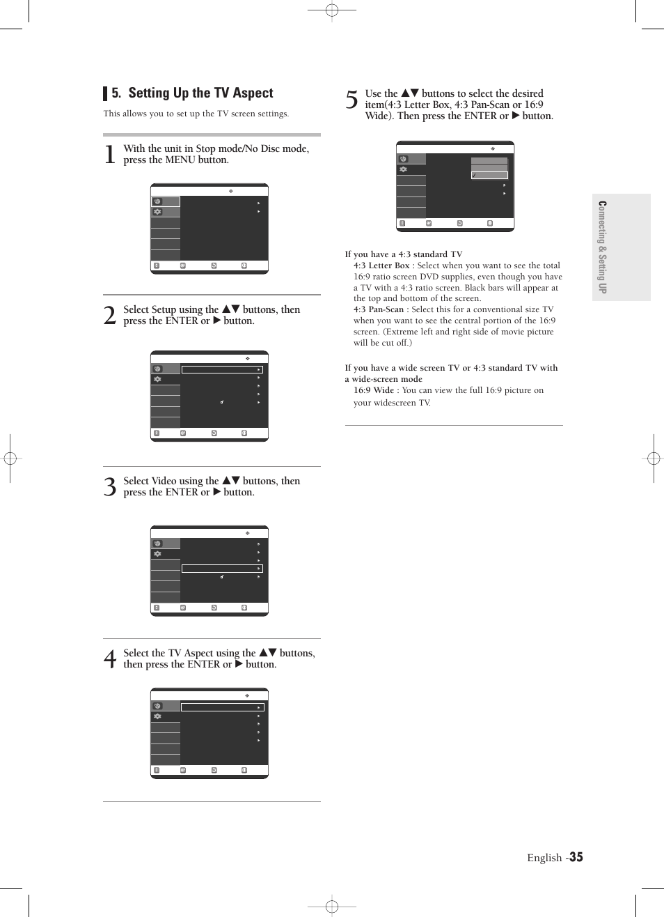 Setting up the tv aspect, English, Connecting & setting up | If you have a 4:3 standard tv, This allows you to set up the tv screen settings | Samsung DVD-R120-XAX User Manual | Page 35 / 98