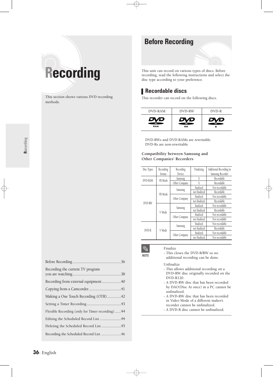 Recording, Before recording, Recordable discs | Samsung DVD-R120-XAX User Manual | Page 36 / 98