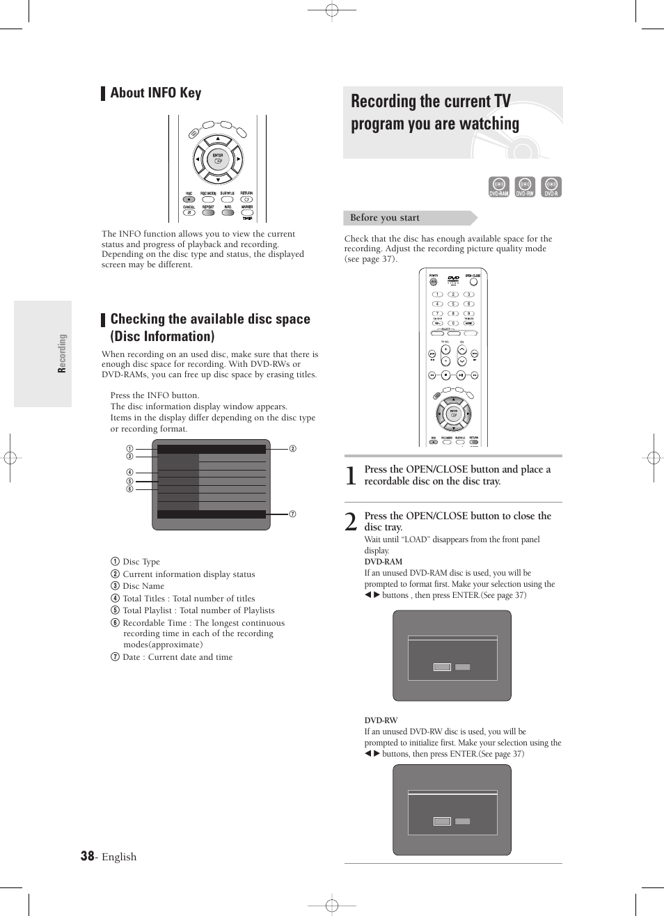 About info key, Recording the current tv program you are watching, English | Press the open/close button to close the disc tray, Recording, Before you start | Samsung DVD-R120-XAX User Manual | Page 38 / 98