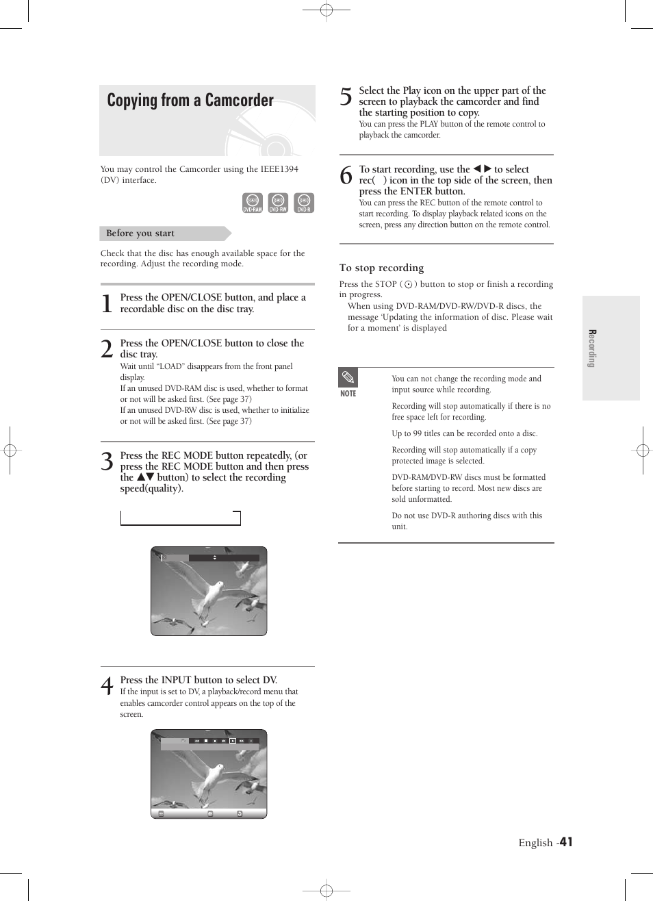 Copying from a camcorder | Samsung DVD-R120-XAX User Manual | Page 41 / 98