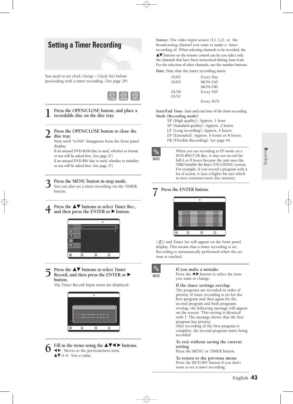 Setting a timer recording, English, Press the enter button | Press the open/close button to close the disc tray, Press the menu button in stop mode, Fill in the items using the …†œ √ buttons, Recording, If you make a mistake, If the timer settings overlap | Samsung DVD-R120-XAX User Manual | Page 43 / 98