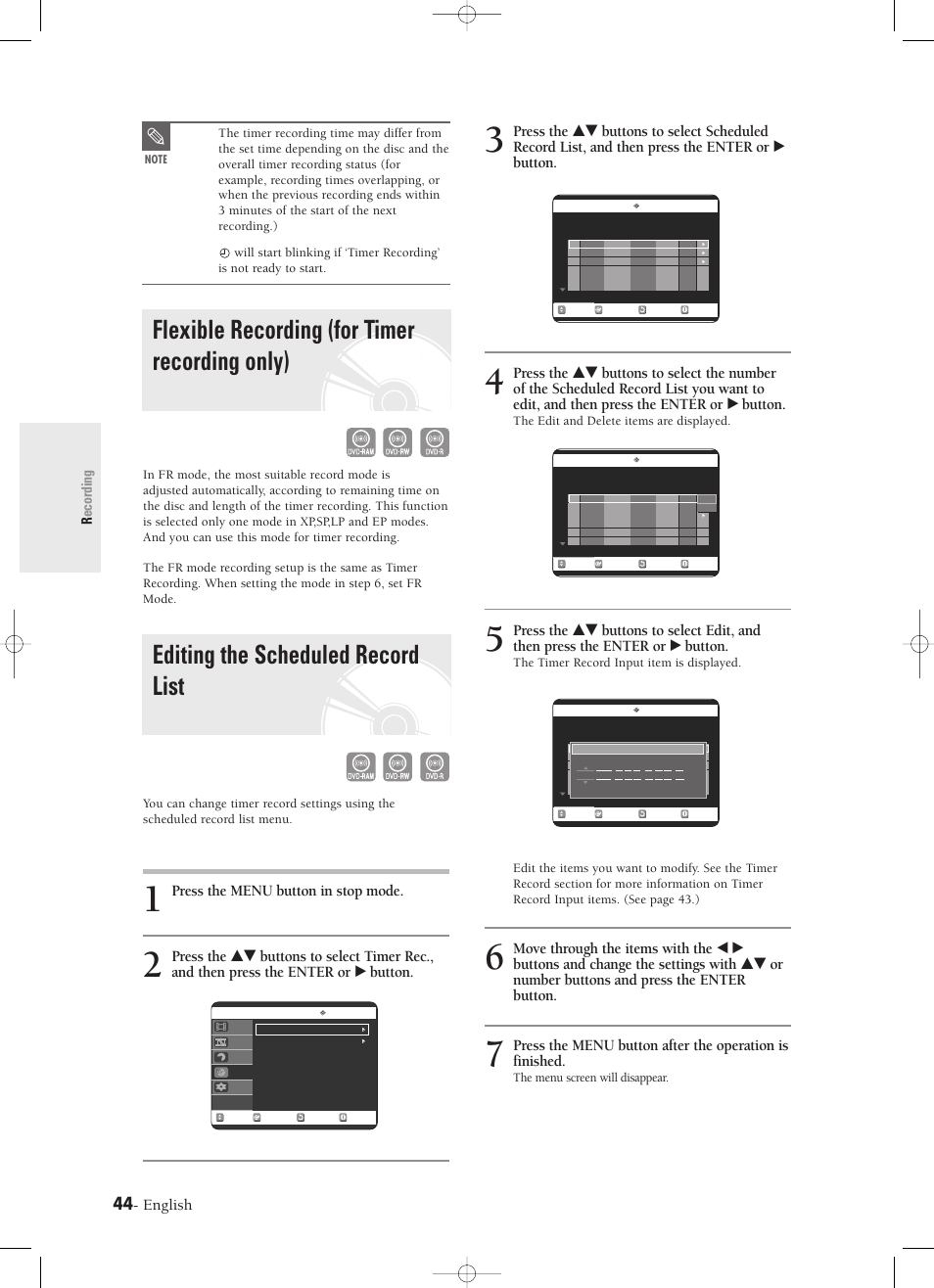 Flexible recording (for timer recording only), Editing the scheduled record list, English | Press the menu button in stop mode, Recording, The edit and delete items are displayed, The menu screen will disappear | Samsung DVD-R120-XAX User Manual | Page 44 / 98