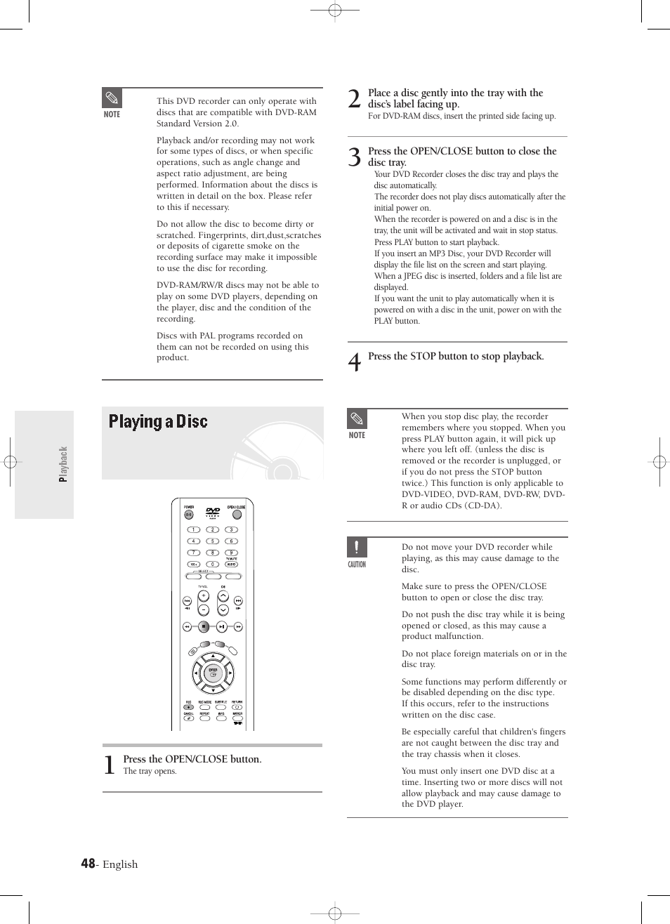 Playing a disc, Playingadisc, Playback | English, Press the open/close button to close the disc tray, Press the stop button to stop playback, Press the open/close button | Samsung DVD-R120-XAX User Manual | Page 48 / 98