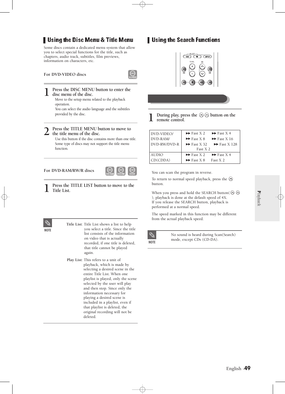 Using the disc menu & title menu, Using the search functions, Using the disc menu & titlemenu | Playback | Samsung DVD-R120-XAX User Manual | Page 49 / 98