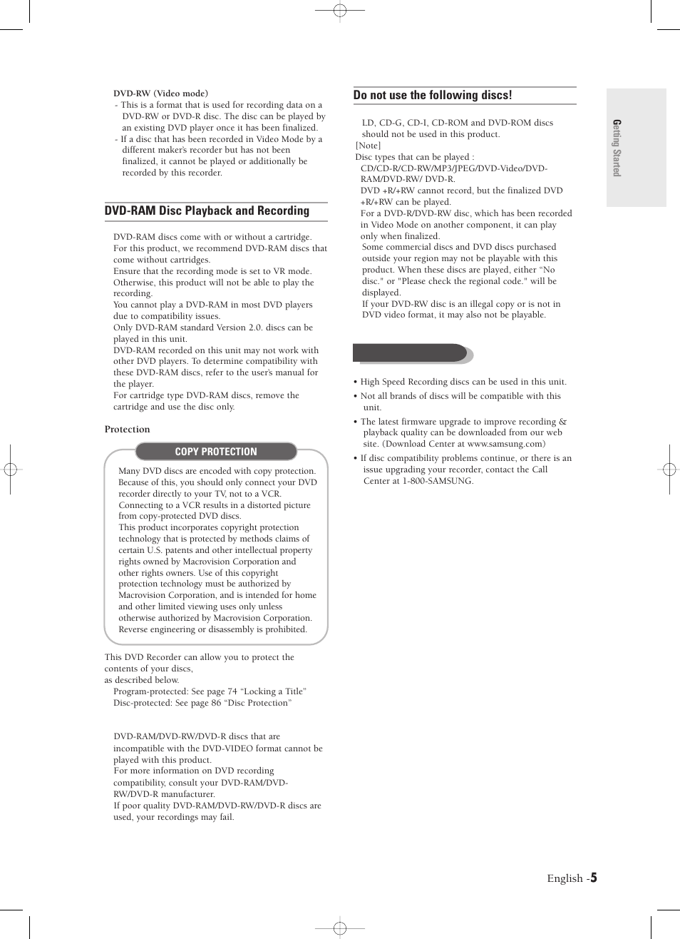 Do not use the following discs, Dvd-ram disc playback and recording, Disc compatibility | English | Samsung DVD-R120-XAX User Manual | Page 5 / 98