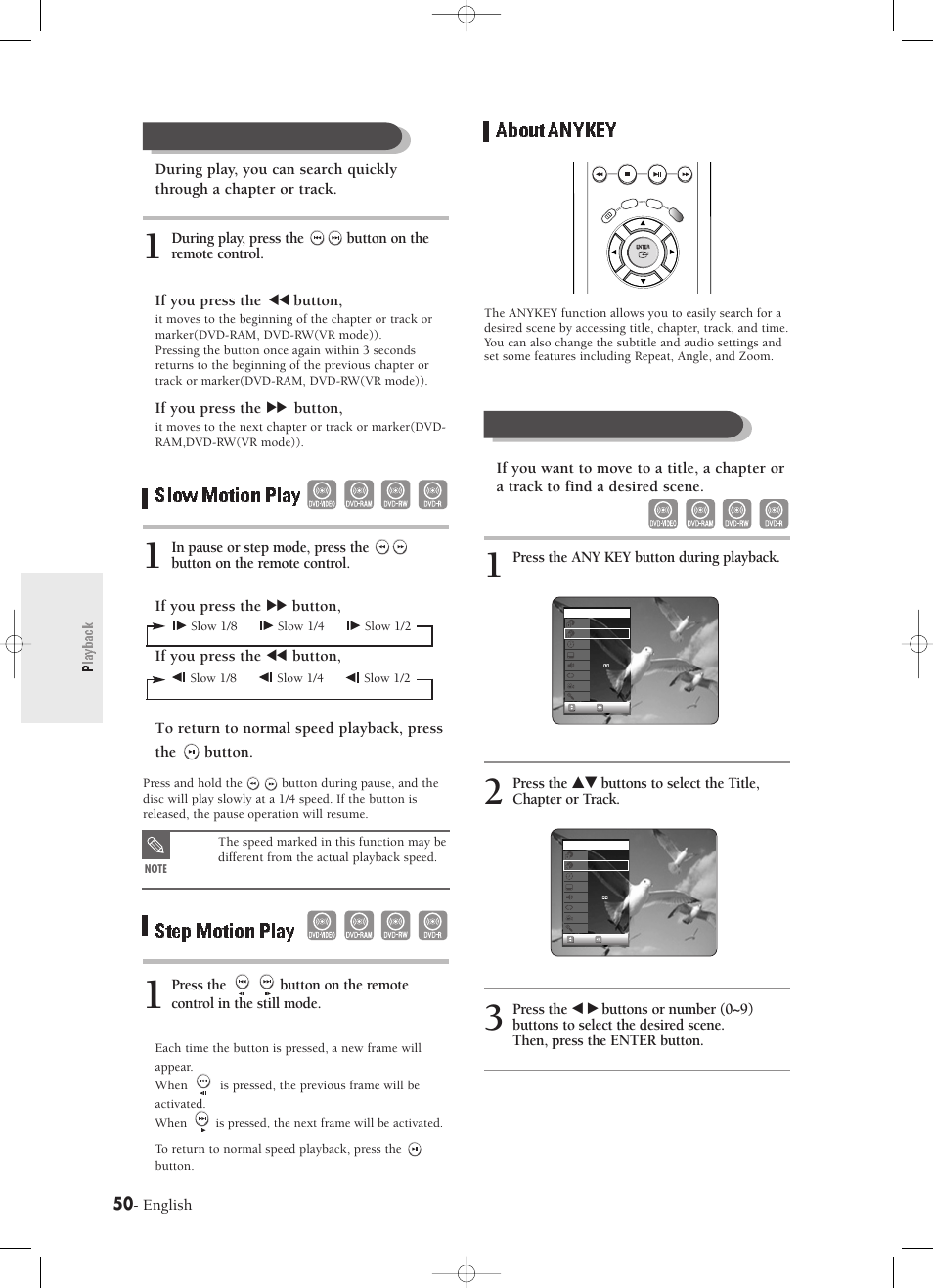 Slow motion play, Step motion play, About anykey | Aboutanykey, Slowmotionplay, Playback, English, Press the any key button during playback, If you press the ❙œœ button, If you press the √√❙ button | Samsung DVD-R120-XAX User Manual | Page 50 / 98