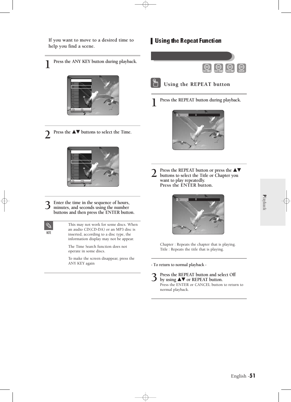 Using the repeat function, Playback, Using the repeat button | Playing repeatedly(repeat playback), English, Press the repeat button during playback, Press the any key button during playback, Press the …† buttons to select the time | Samsung DVD-R120-XAX User Manual | Page 51 / 98