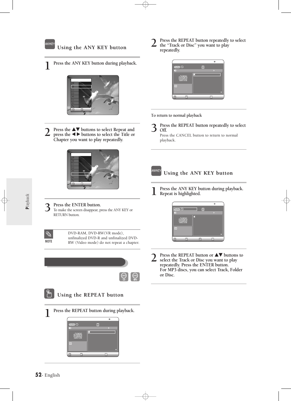 Playback, Using the any key button, Using the repeat button | Playing repeatedly(repeat playback), English, Press the any key button during playback, Press the enter button, Press the repeat button during playback, Press the repeat button repeatedly to select off | Samsung DVD-R120-XAX User Manual | Page 52 / 98