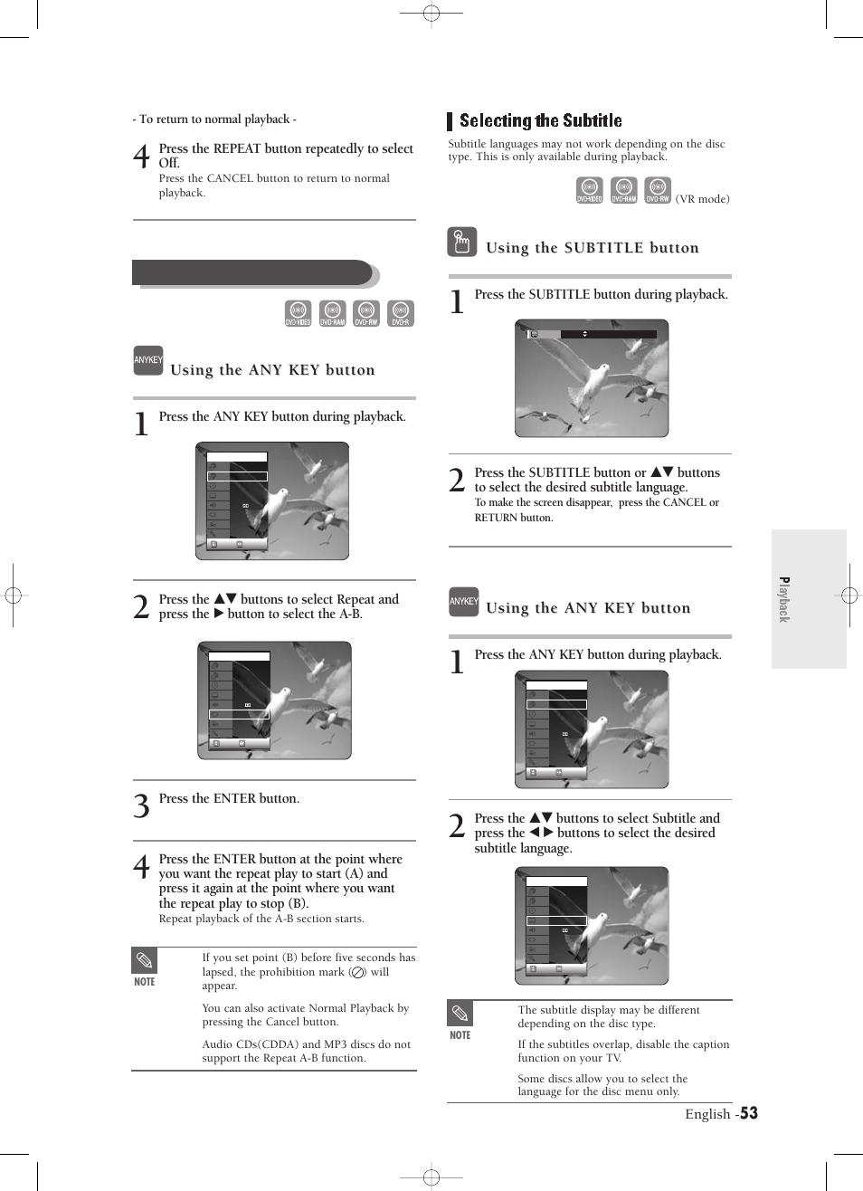 Selecting the subtitle, Playback, Using the subtitle button | Using the any key button, English, Press the subtitle button during playback, Press the any key button during playback, Press the repeat button repeatedly to select off, Press the enter button | Samsung DVD-R120-XAX User Manual | Page 53 / 98