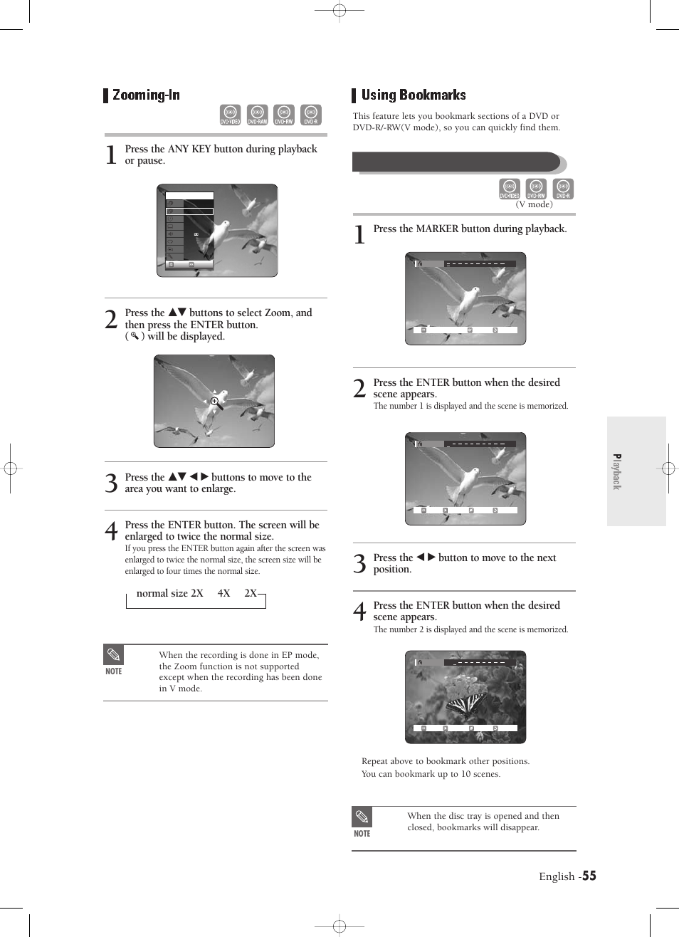 Zooming-in, Using bookmarks, Playback | Samsung DVD-R120-XAX User Manual | Page 55 / 98