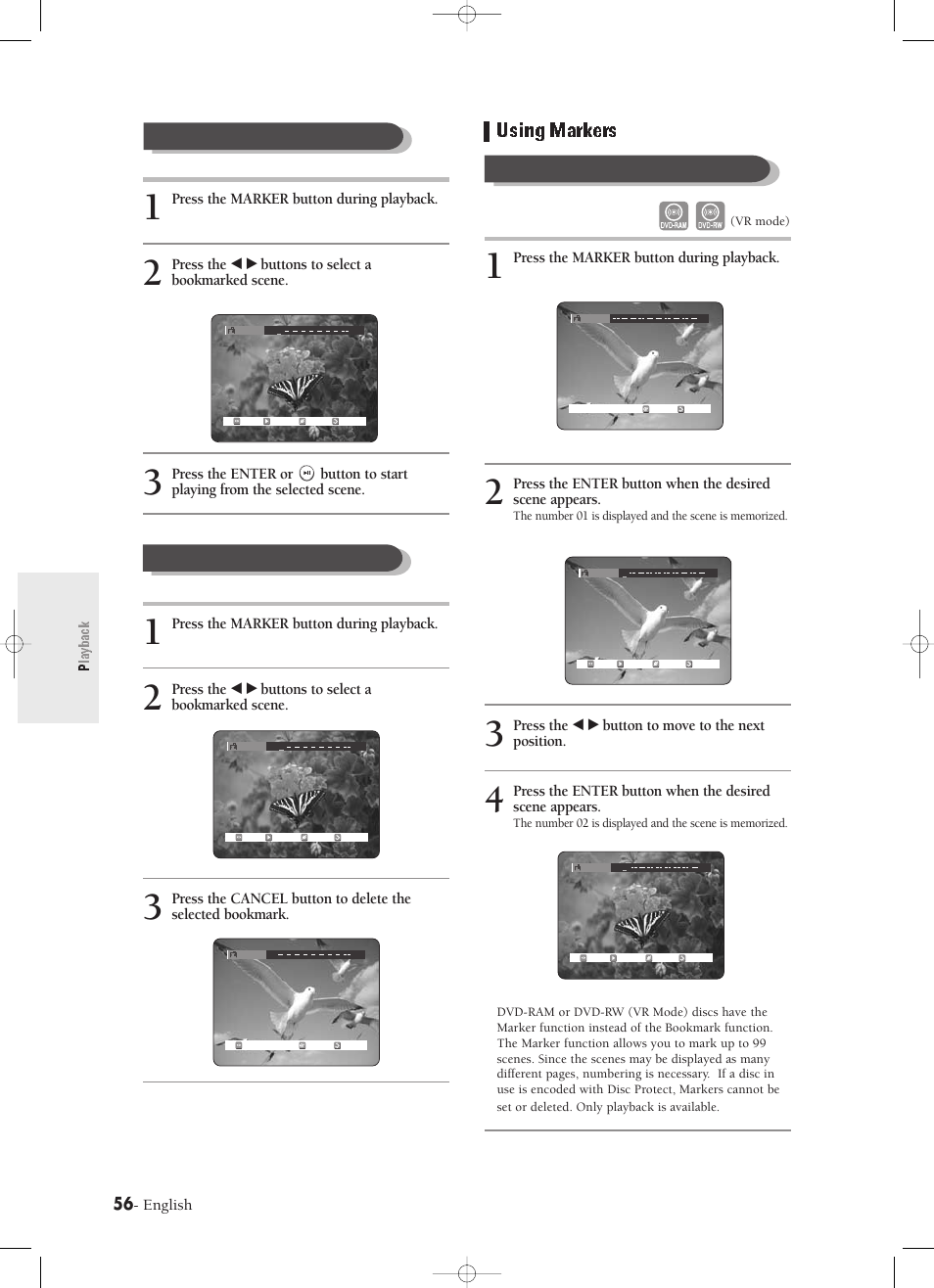 Using markers, Playback | Samsung DVD-R120-XAX User Manual | Page 56 / 98