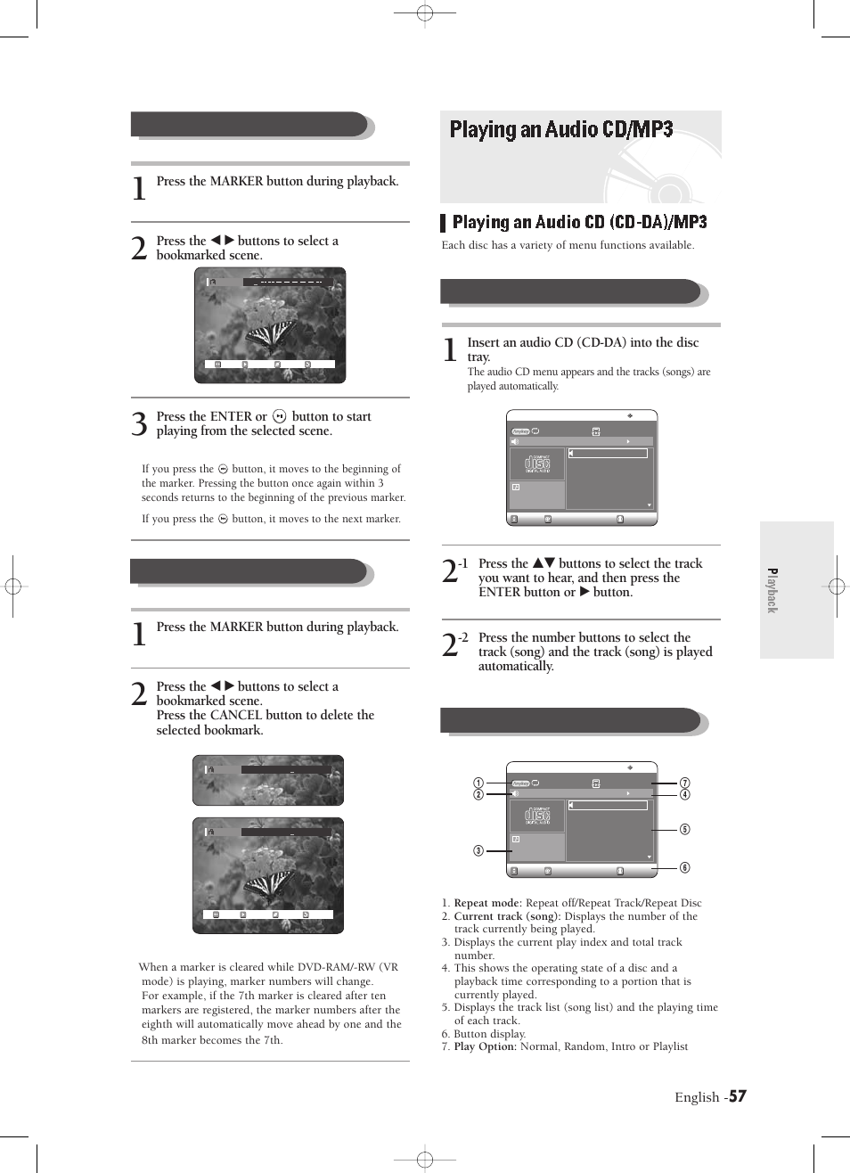 Playing an audio cd/mp3, Playing an audio cd (cd-da)/mp3, Playinganaudiocd/mp3 | Playback, Clearing a marker playing back a marker, English, Insert an audio cd (cd-da) into the disc tray, Press the marker button during playback, Press the œ √ buttons to select a bookmarked scene | Samsung DVD-R120-XAX User Manual | Page 57 / 98