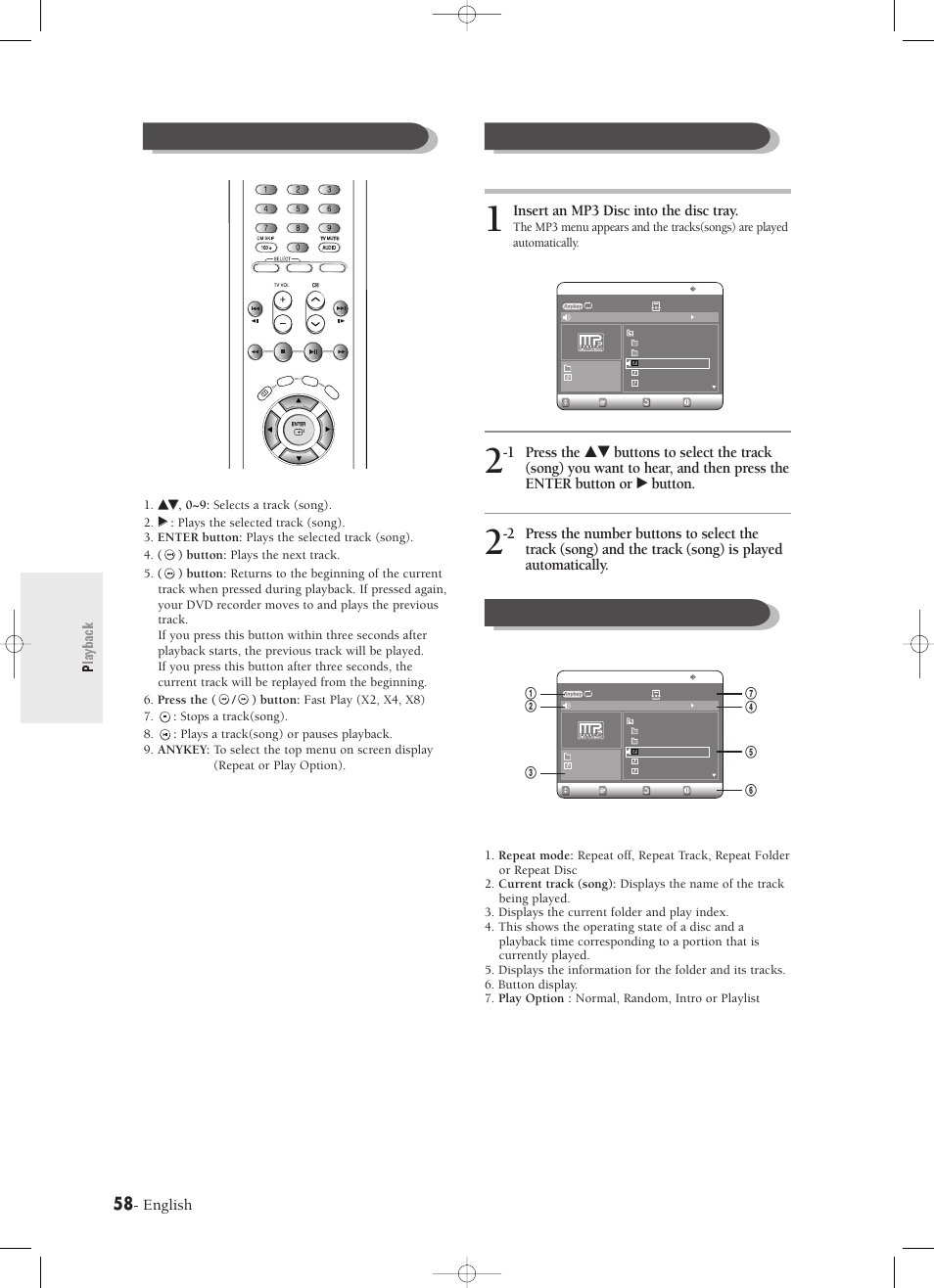 Playback, Playing an mp3 disc mp3 screen elements, English | Insert an mp3 disc into the disc tray | Samsung DVD-R120-XAX User Manual | Page 58 / 98