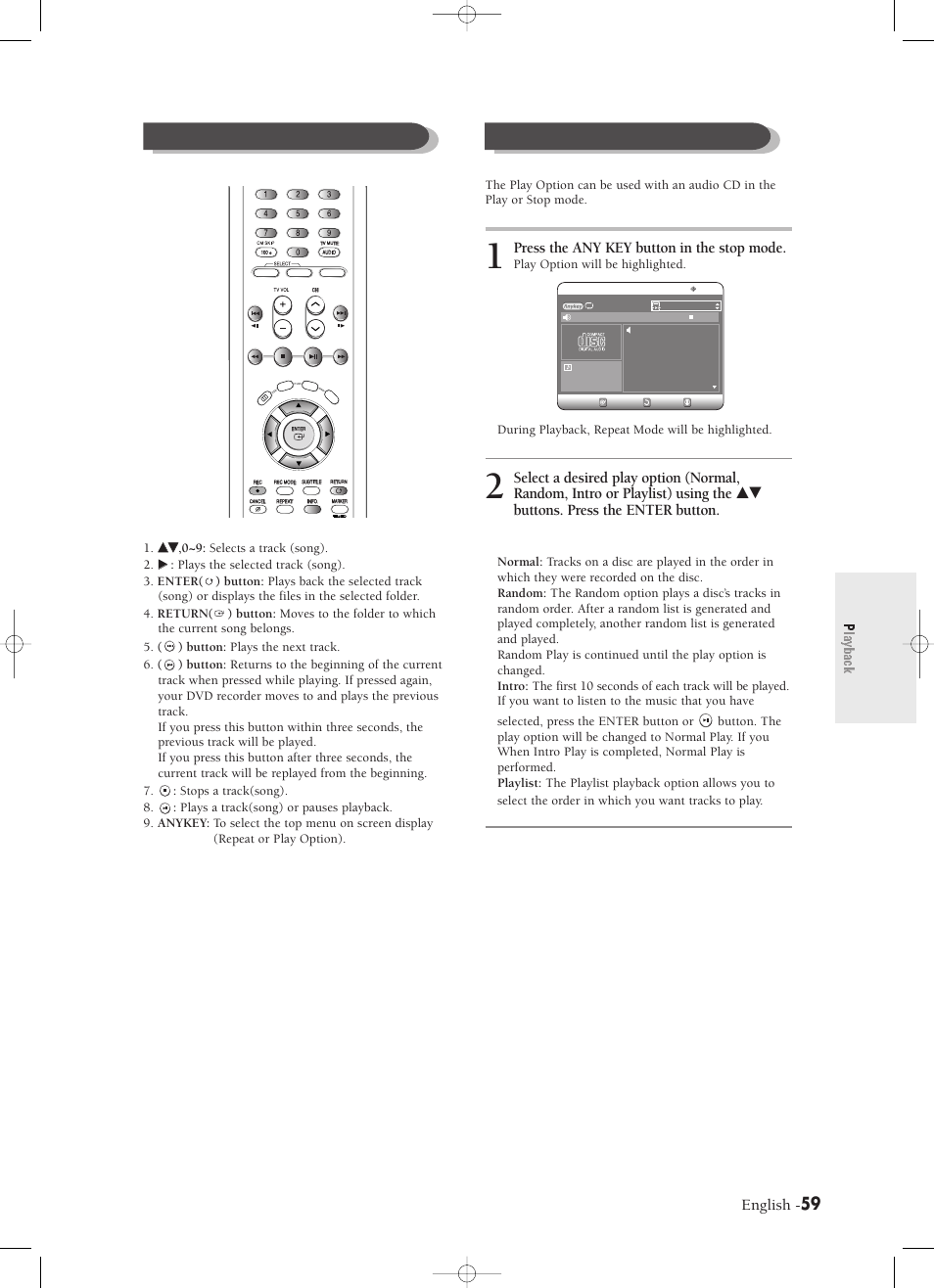 Playback, Play option mode, Buttons on the remote control used for cd playback | English, Press the any key button in the stop mode | Samsung DVD-R120-XAX User Manual | Page 59 / 98