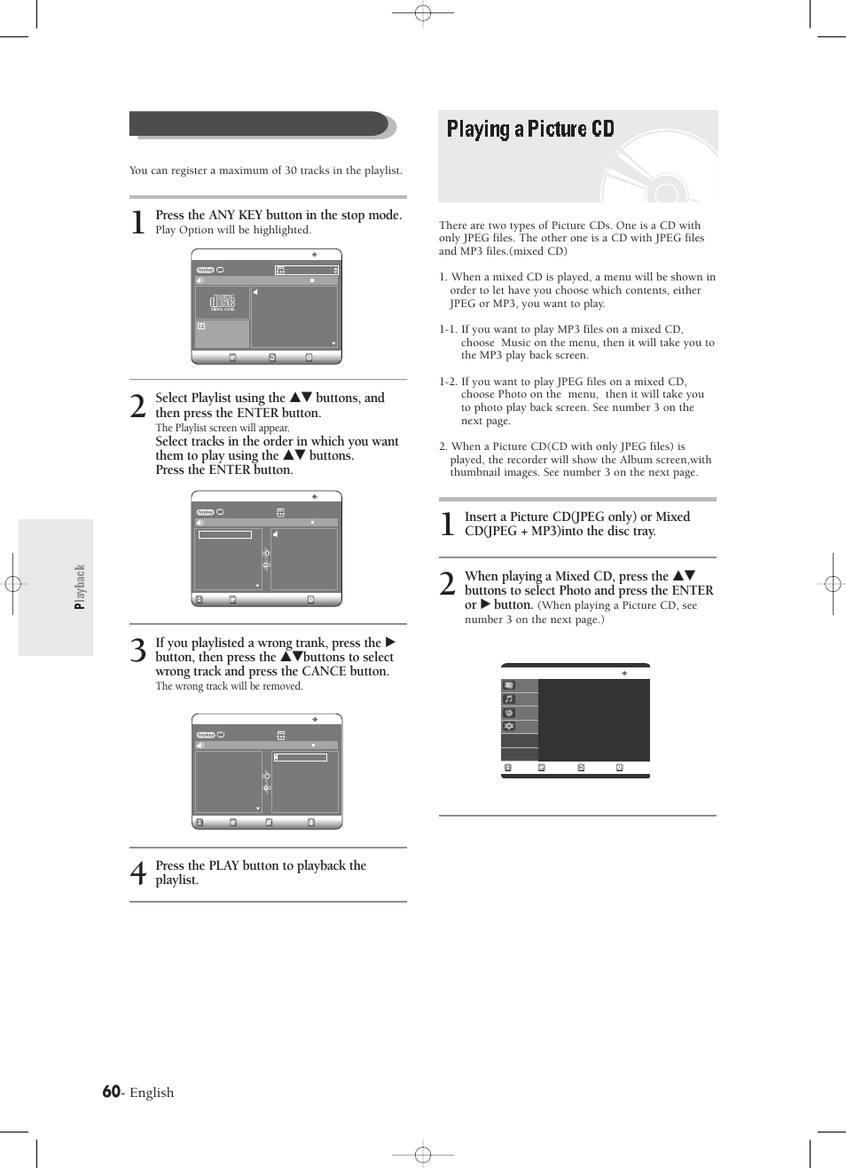 Playing a picture cd, Playingapicture cd, Playback | English, Press the any key button in the stop mode, Press the play button to playback the playlist | Samsung DVD-R120-XAX User Manual | Page 60 / 98