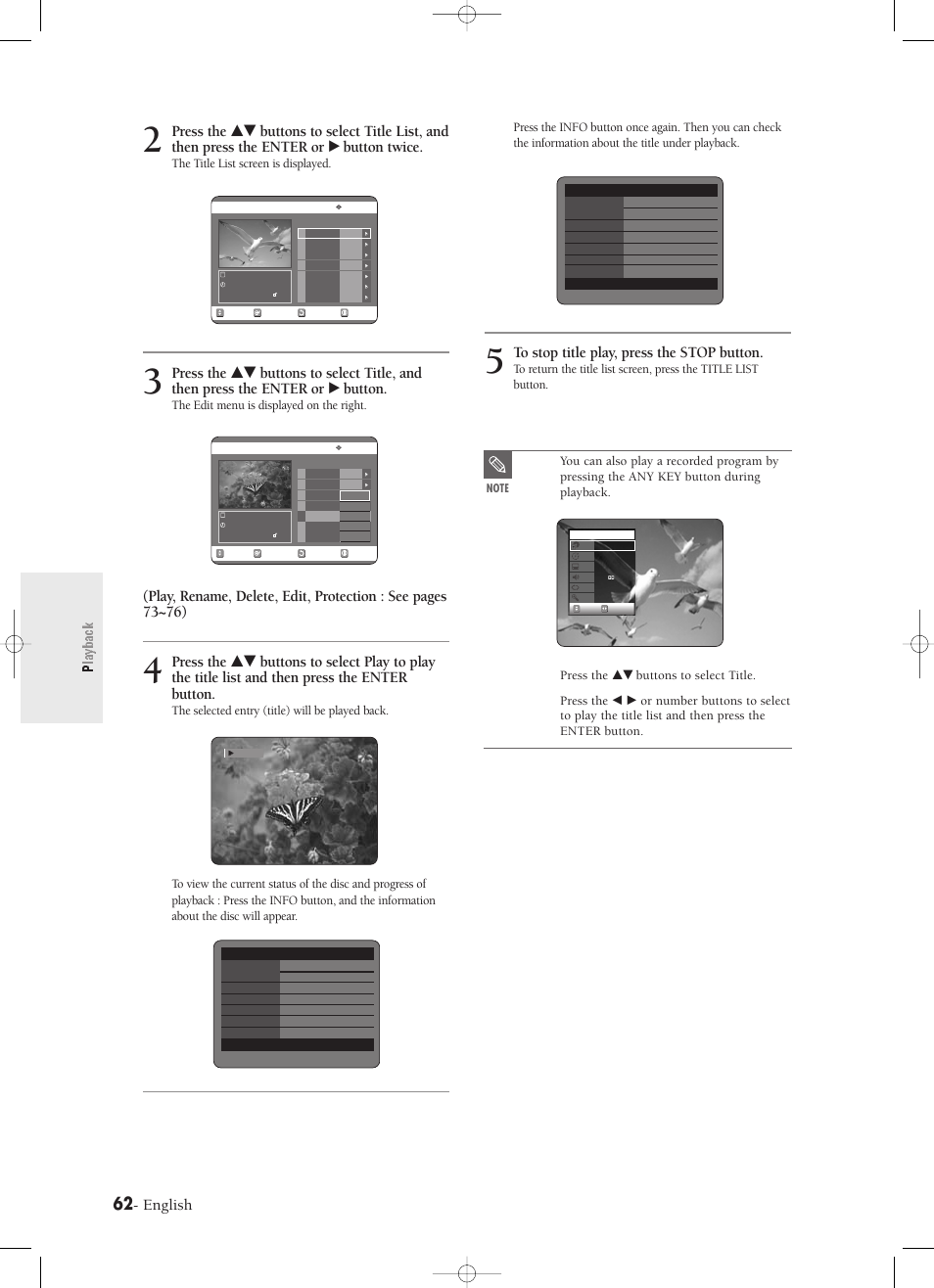 Playback, English, The title list screen is displayed | The edit menu is displayed on the right, Press the …† buttons to select title | Samsung DVD-R120-XAX User Manual | Page 62 / 98