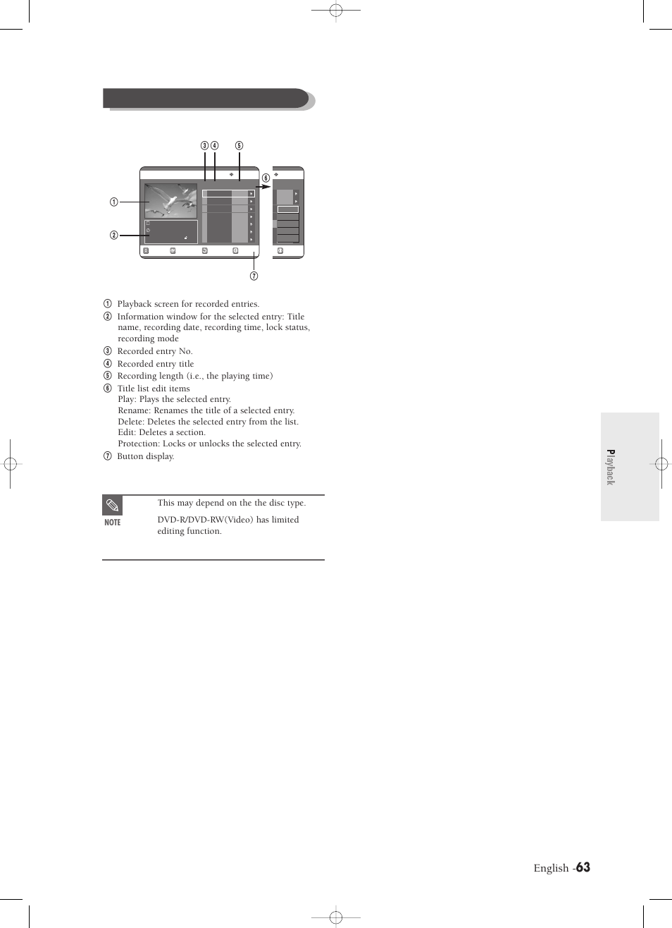 Playback, Title list screen elements, English | This may depend on the the disc type, Dvd-r/dvd-rw(video) has limited editing function | Samsung DVD-R120-XAX User Manual | Page 63 / 98