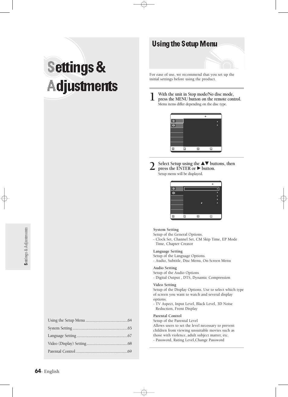 Settings& adjustments, Using the setupmenu, Settings& a djustments | Usingthesetupmenu, Settings &adjustments | Samsung DVD-R120-XAX User Manual | Page 64 / 98