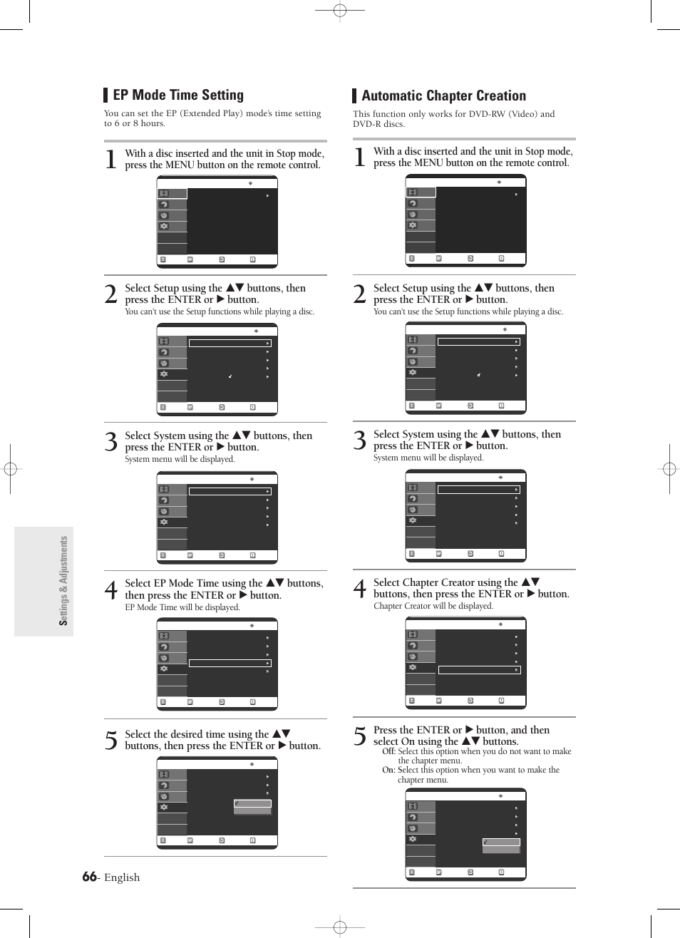 Ep mode time setting, Automatic chapter creation, English | Settings & adjustments, System menu will be displayed, Ep mode time will be displayed, Chapter creator will be displayed | Samsung DVD-R120-XAX User Manual | Page 66 / 98