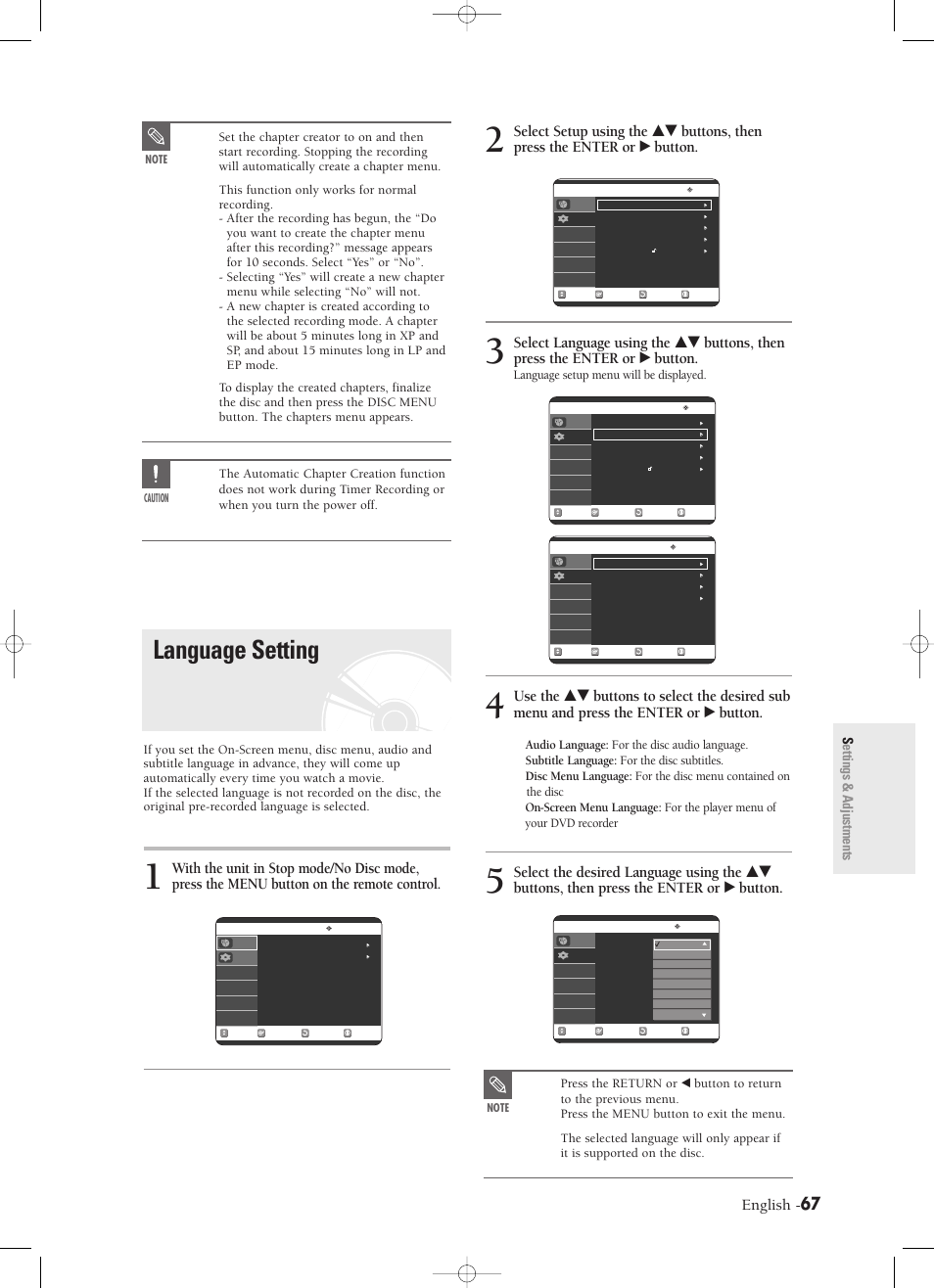 Language setting, English, Settings & adjustments | Language setup menu will be displayed, Audio language: for the disc audio language, Subtitle language: for the disc subtitles | Samsung DVD-R120-XAX User Manual | Page 67 / 98