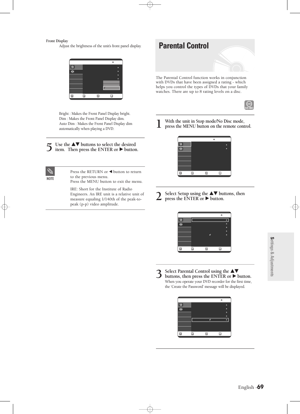 Parental control, English, Settings & adjustments | Bright : makes the front panel display bright, Dim : makes the front panel display dim | Samsung DVD-R120-XAX User Manual | Page 69 / 98