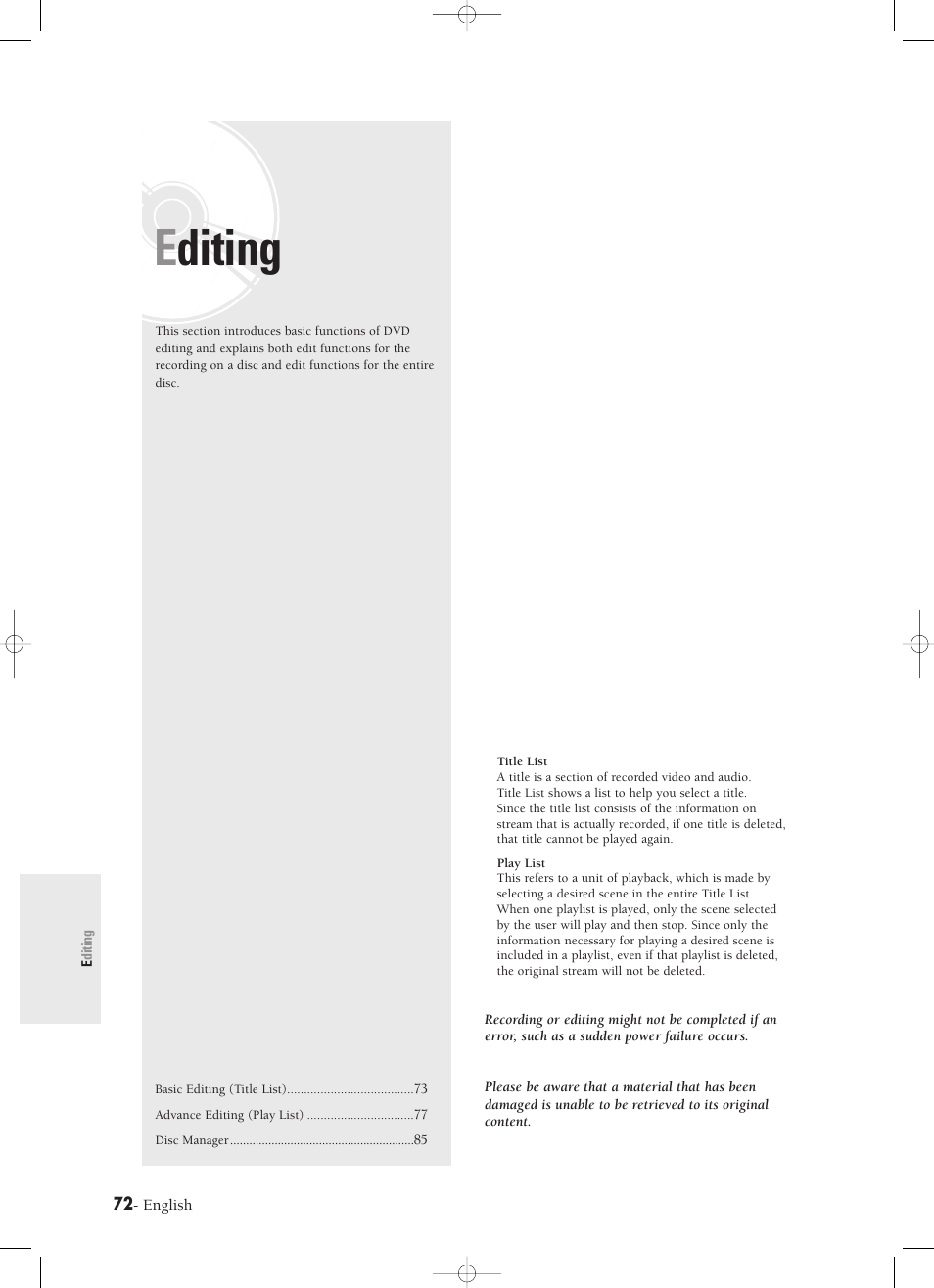 Editing | Samsung DVD-R120-XAX User Manual | Page 72 / 98